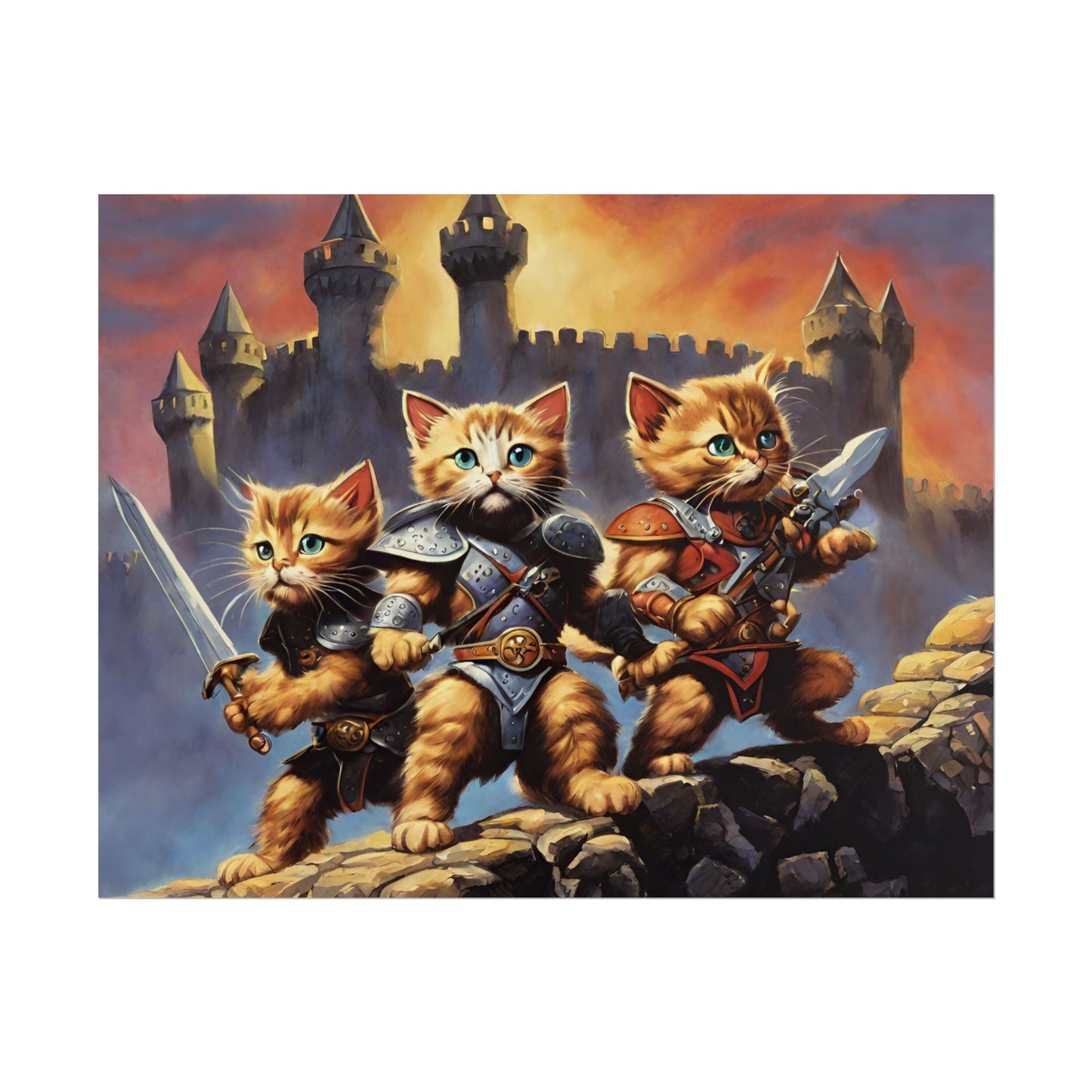 Cat Battler Warrior Poster, Office Bedroom Man Cave Portrait, Sword Wielding Cat Universe, Kitten Fighters Fantasy Wall Hanging