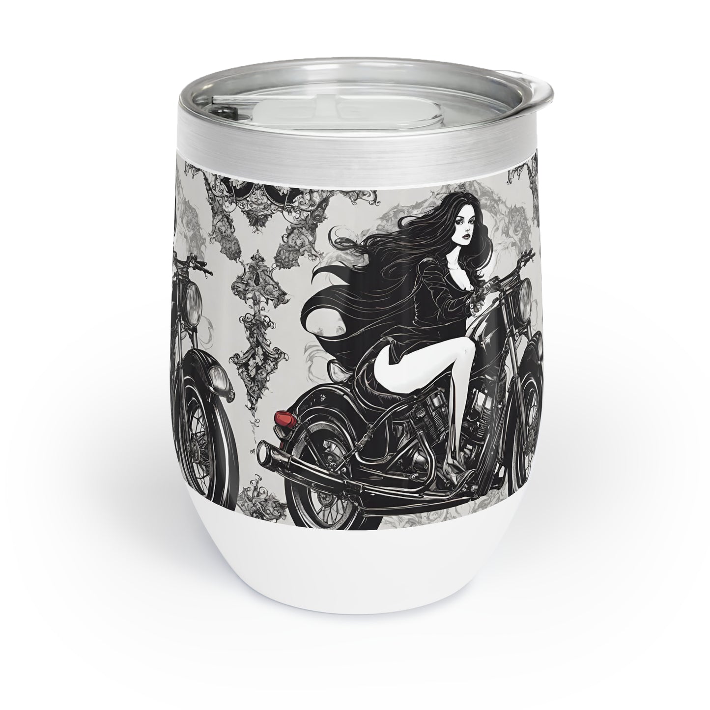 Gothic Girls Motorcyle Wine Tumbler, Biker Chick Riding Wine Cooler, Black and White Cycle Insulated Cup