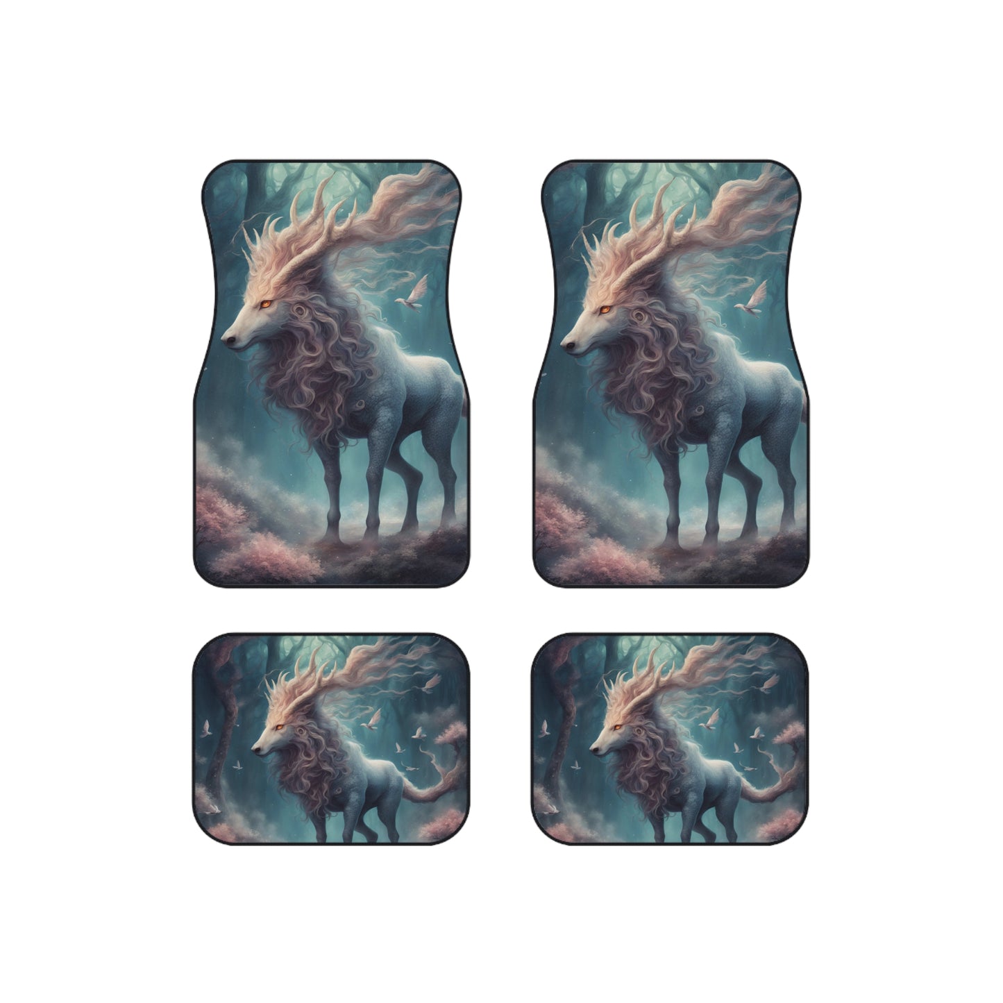 Majestic Myths Car Mats (Set of 4) | Mythological Horned Horse Automobile Accessories | Front & Rear Maned Stallion Floor Auto Truck Gift