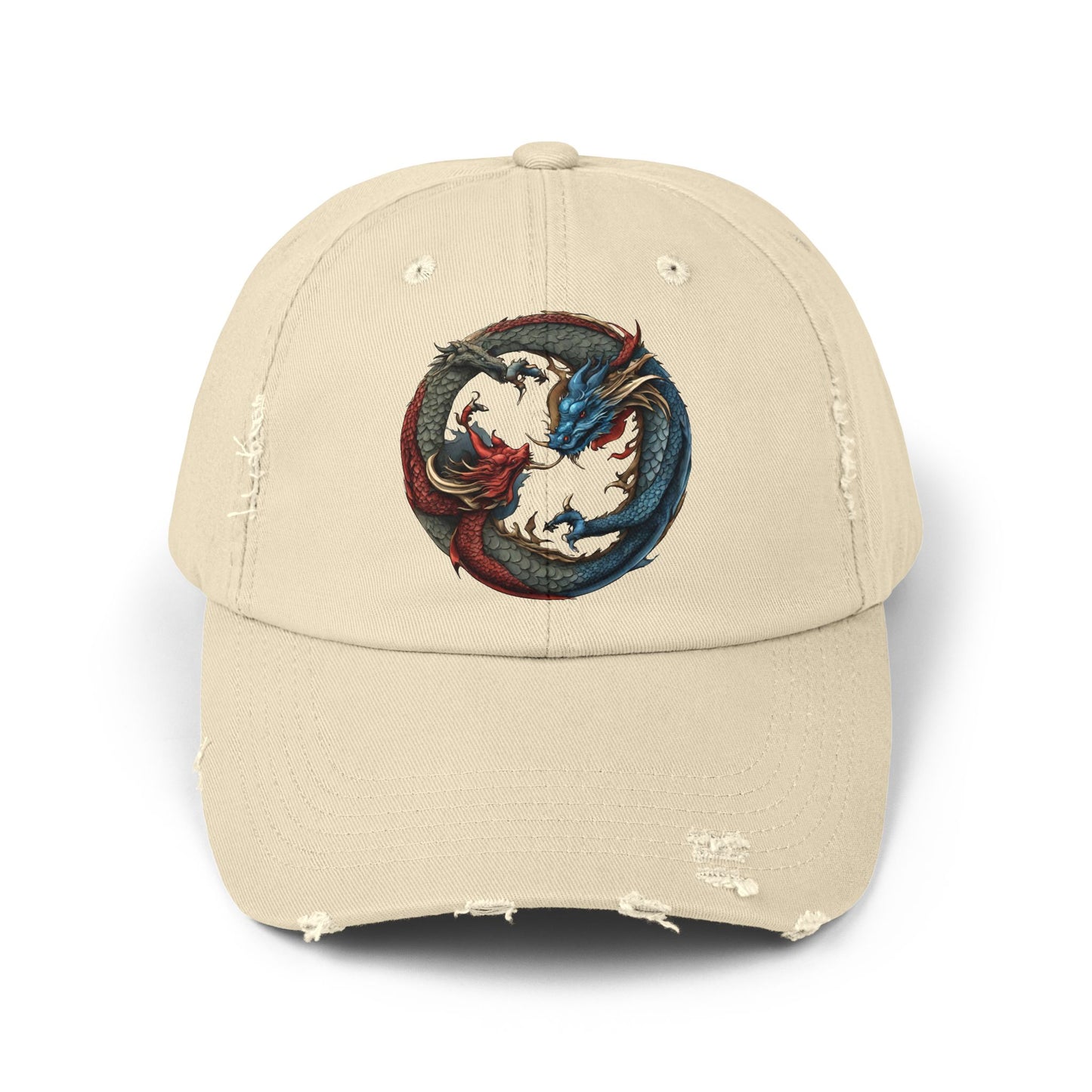 Double Dragon Yin Yang Hat, Red and Blue Dueling Serpents Ball Cap, Fighting Dragons Aura Balance Spring, Summer, Fishing Gift