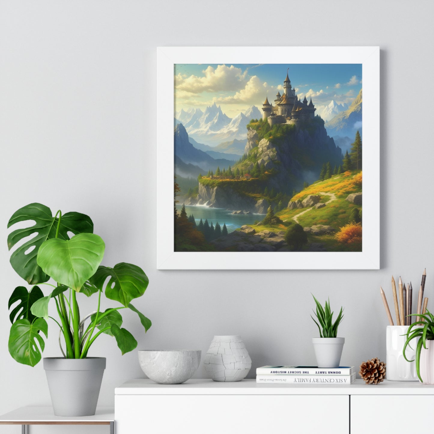 Video Game Fantasy Castle, RPG Valley Framed Poster, Mountain Nature Scene Picture, Open World Style Wall Hanging, Gamer Office Scenery