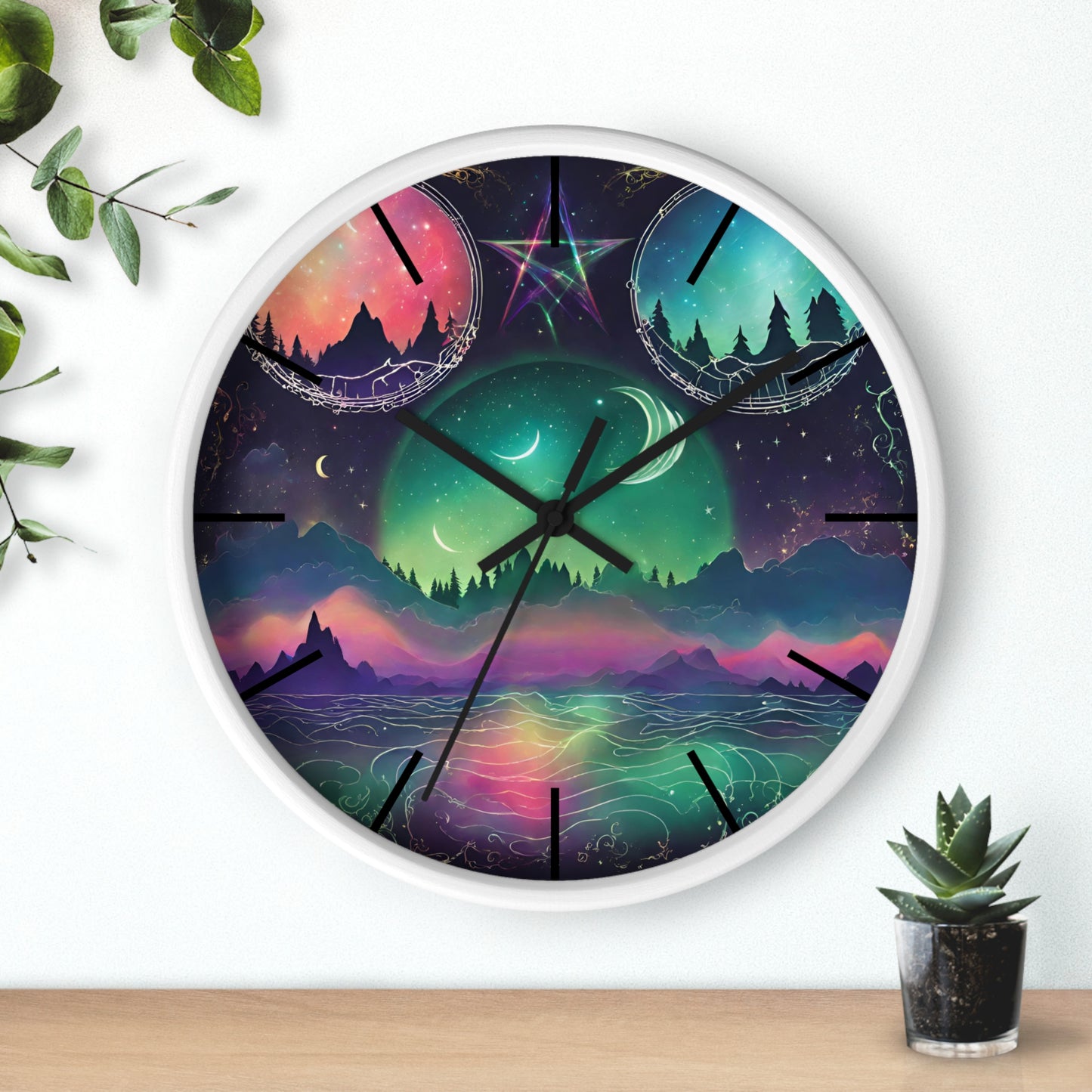 Moonlight Mountains Wall Clock | Aurora Borealis Astronomy Star Moons Constellations Office Decor Gift, Solar System Home Hanging Unique Art