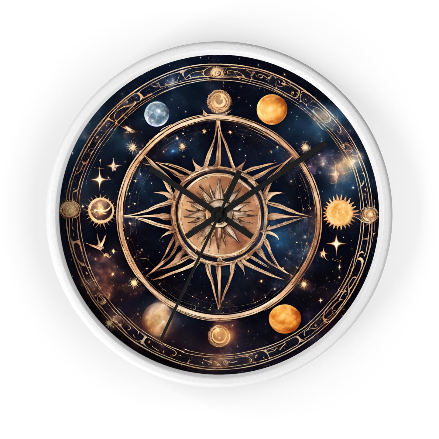Moon Phases Solstice Star Wall Art Clock | Lunar Cycle Galaxy Astronomy Wall Hanging | Mystical Night Solar System Office Wall Decor Gift