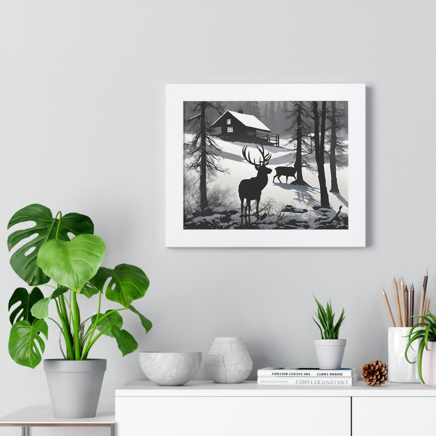 Animal Wall Art, Deer Hunter Picture, Buck Print, Hunting Cabin, Shadow Wall Hanging, Winter Snow Image, Living Room Poster, Framed Art