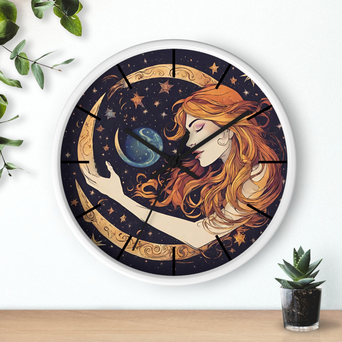 Moon Shaping Goddess Wall Art Clock | Lunar Stars & Space Astronomy Wall Hanging | Woman Morphing Home Office Solar System Wall Decor Gift