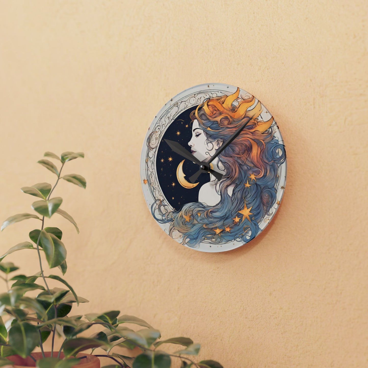 Moon Goddess Acrylic Art Clock | Lunar Stars & Space Astronomy Wall Hanging | Astrology Woman Home Office Solar System Wall Decor Gift