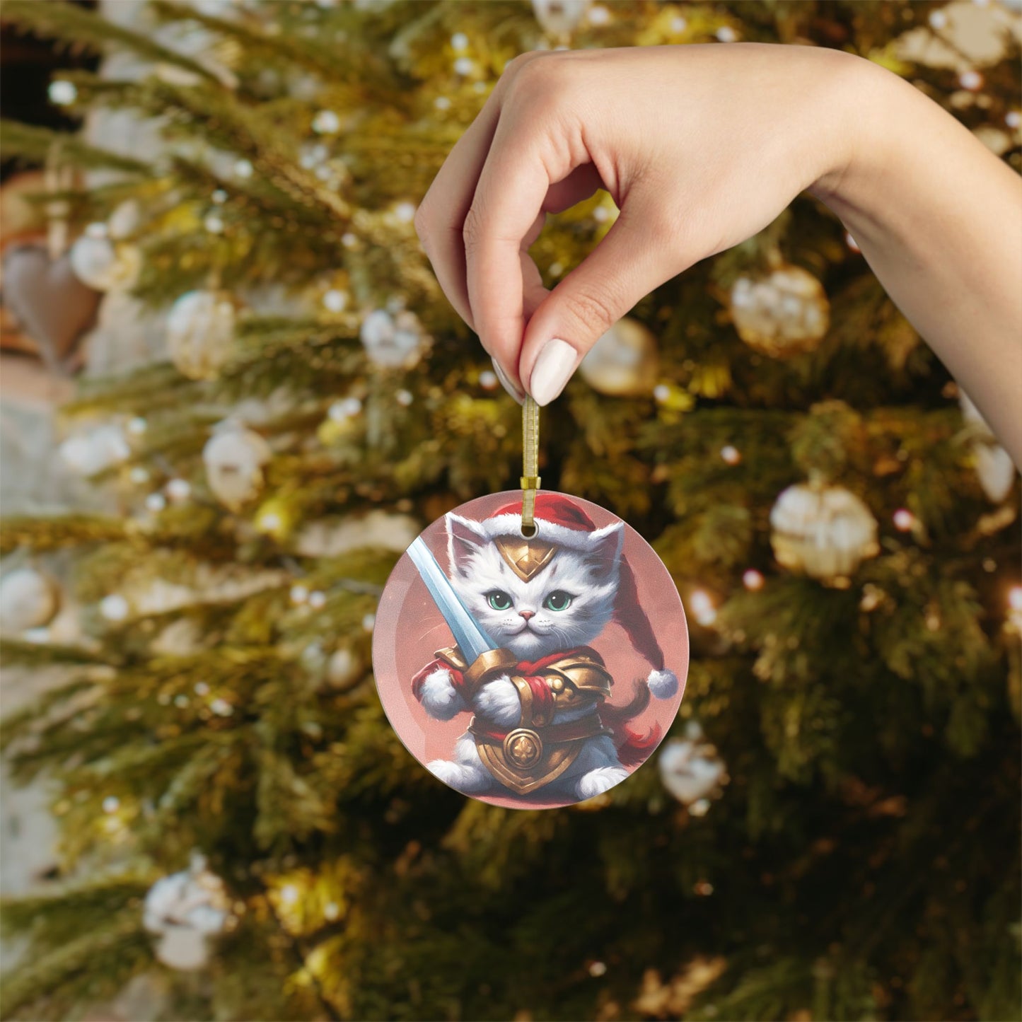Kitten Christmas Ornament, Holiday Tree Decoration, Adorable Cat Gift, Round Glass Keepsake, KITTEN WARRIOR