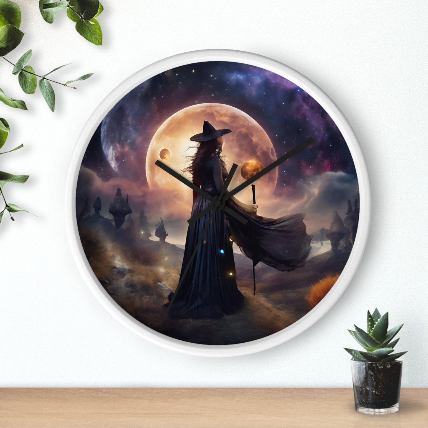 Wiccan Moon Wall Art Clock | Mystical Fantasy Galaxy Witch Pagan Astronomy Wall Hanging | Home Office Lunar Witchcraft Wall Decor Gift