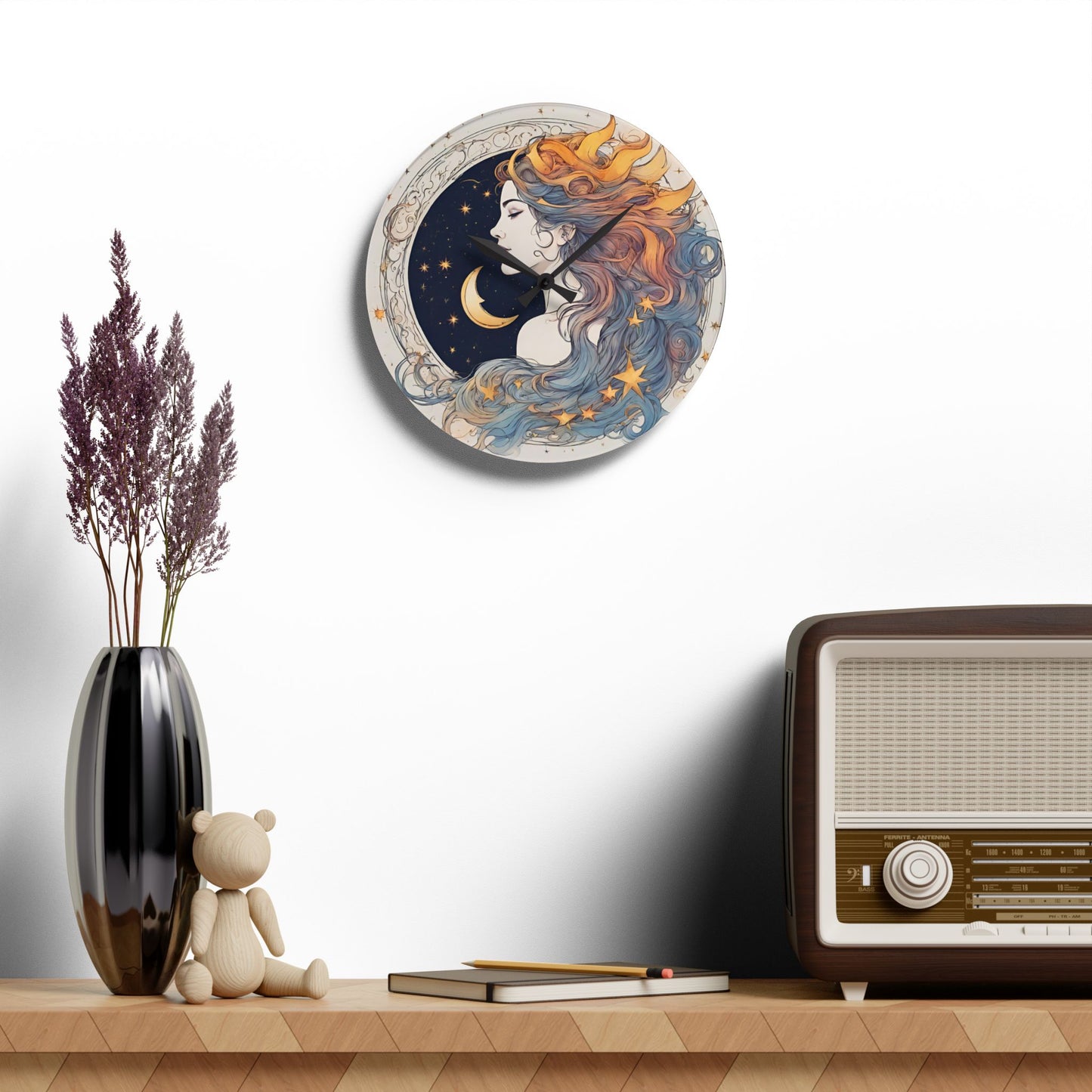 Moon Goddess Acrylic Art Clock | Lunar Stars & Space Astronomy Wall Hanging | Astrology Woman Home Office Solar System Wall Decor Gift