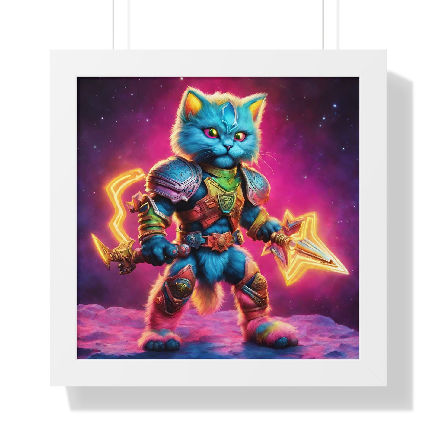 Wall Decor | Warrior Cat Framed Poster | Cosmic Rainbow Neon Weapon Armor Kitten | Bedroom, Work or Home Office Wall Art Picture | Kid Gift