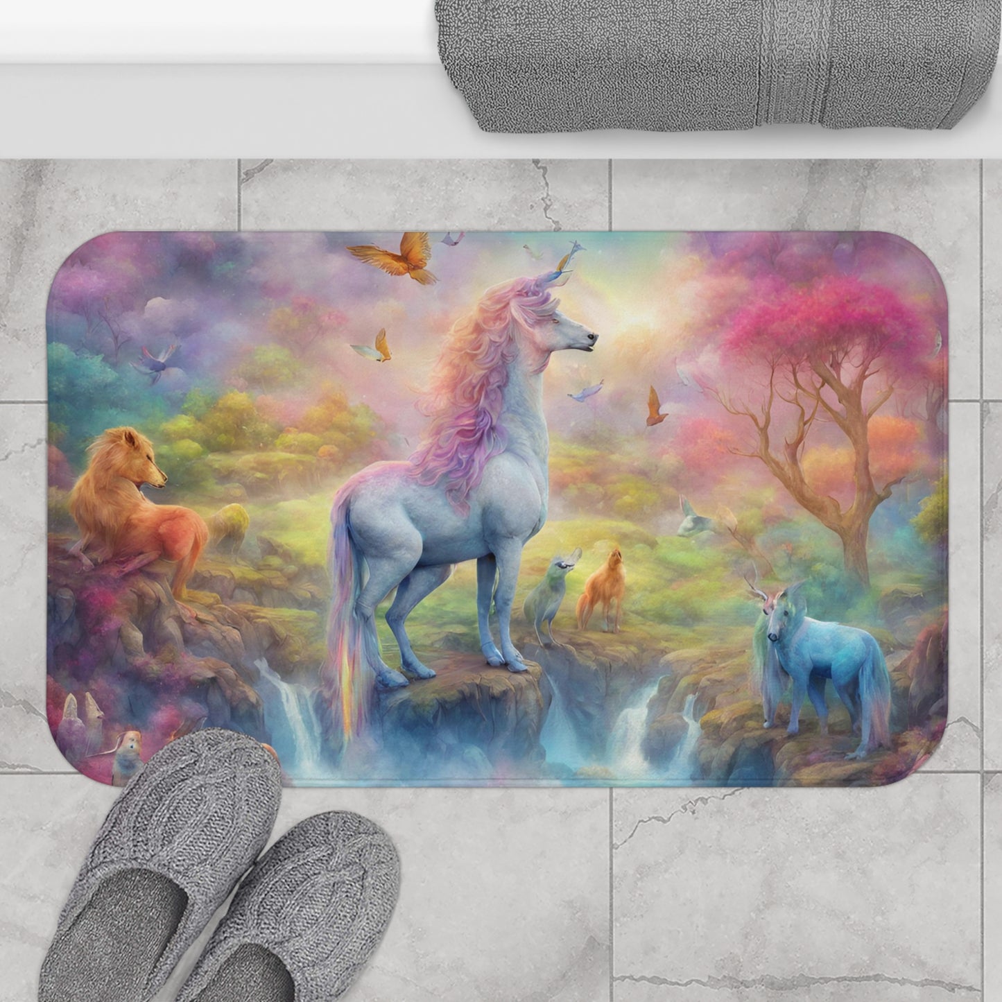 Unicorn Bath Mat, Mystical Animals, Girls Bathroom Rug, Home Living Toiletry Rug, Shower Mat