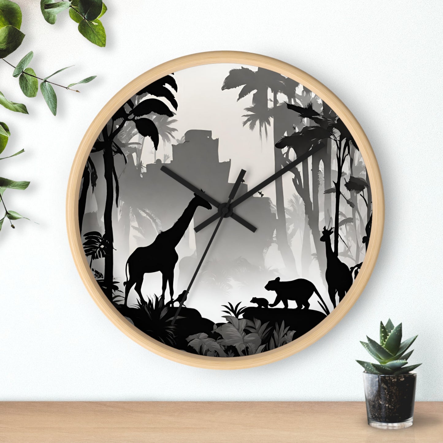 Jungle Giraffes Wall Art Clock | Shadowy Wild Nature Wall Hanging | Home Office Animal Wall Decor Gift