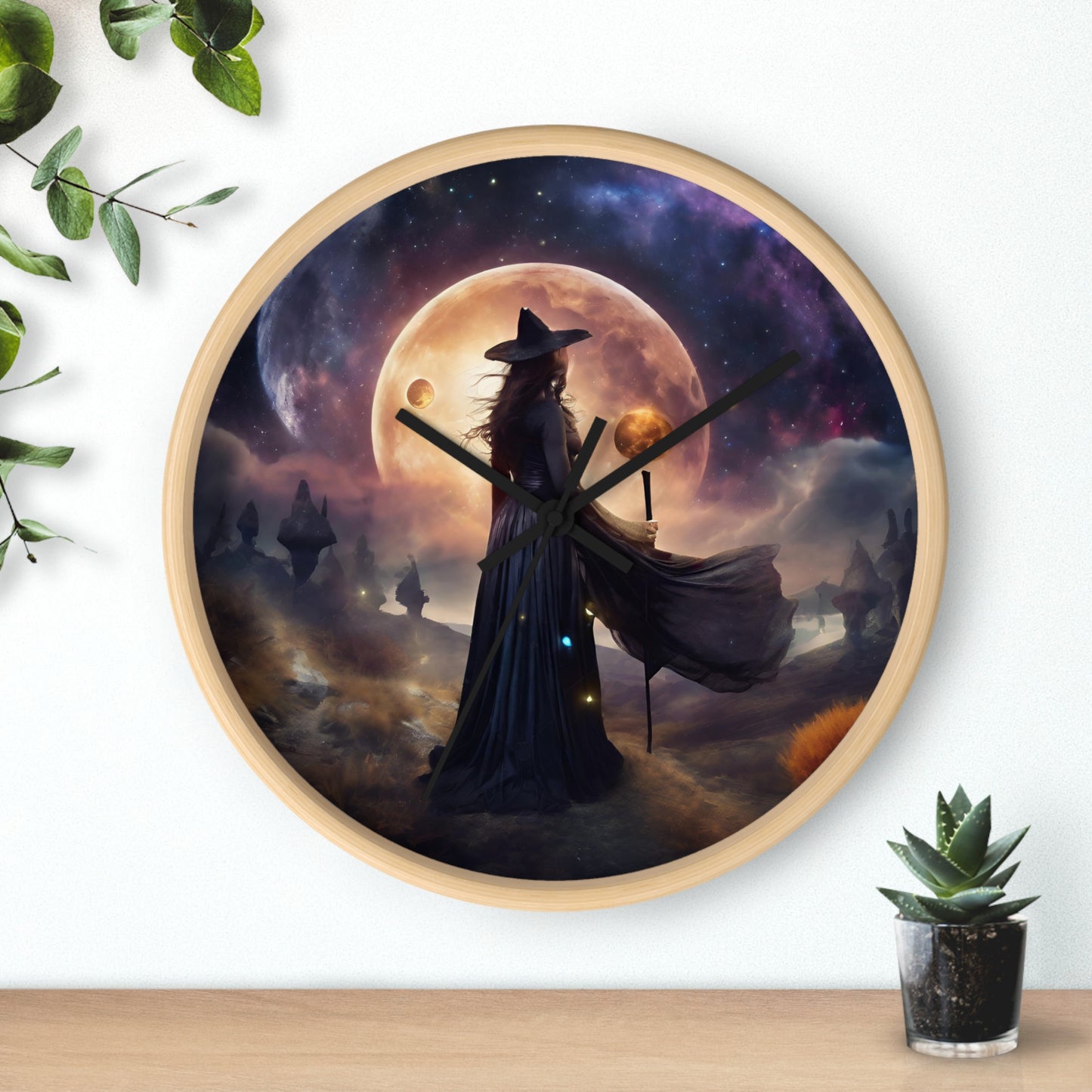 Wiccan Moon Wall Art Clock | Mystical Fantasy Galaxy Witch Pagan Astronomy Wall Hanging | Home Office Lunar Witchcraft Wall Decor Gift