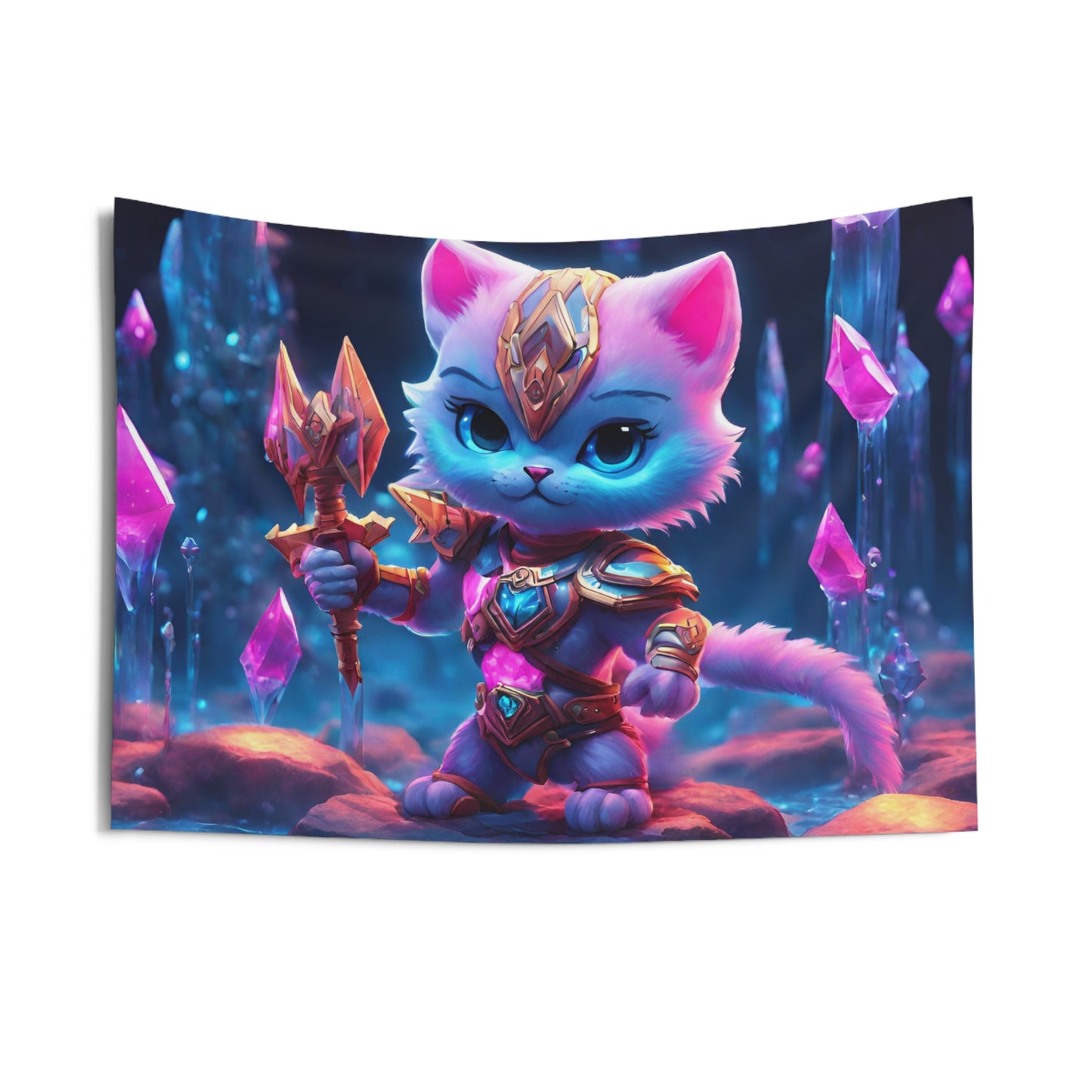 Warrior Cat Crystal Cavern Tapestry, White Armored Kitten Golden Weapon Wall Hanging, Pink Rock Mystical Cave River Graphic Tapestry
