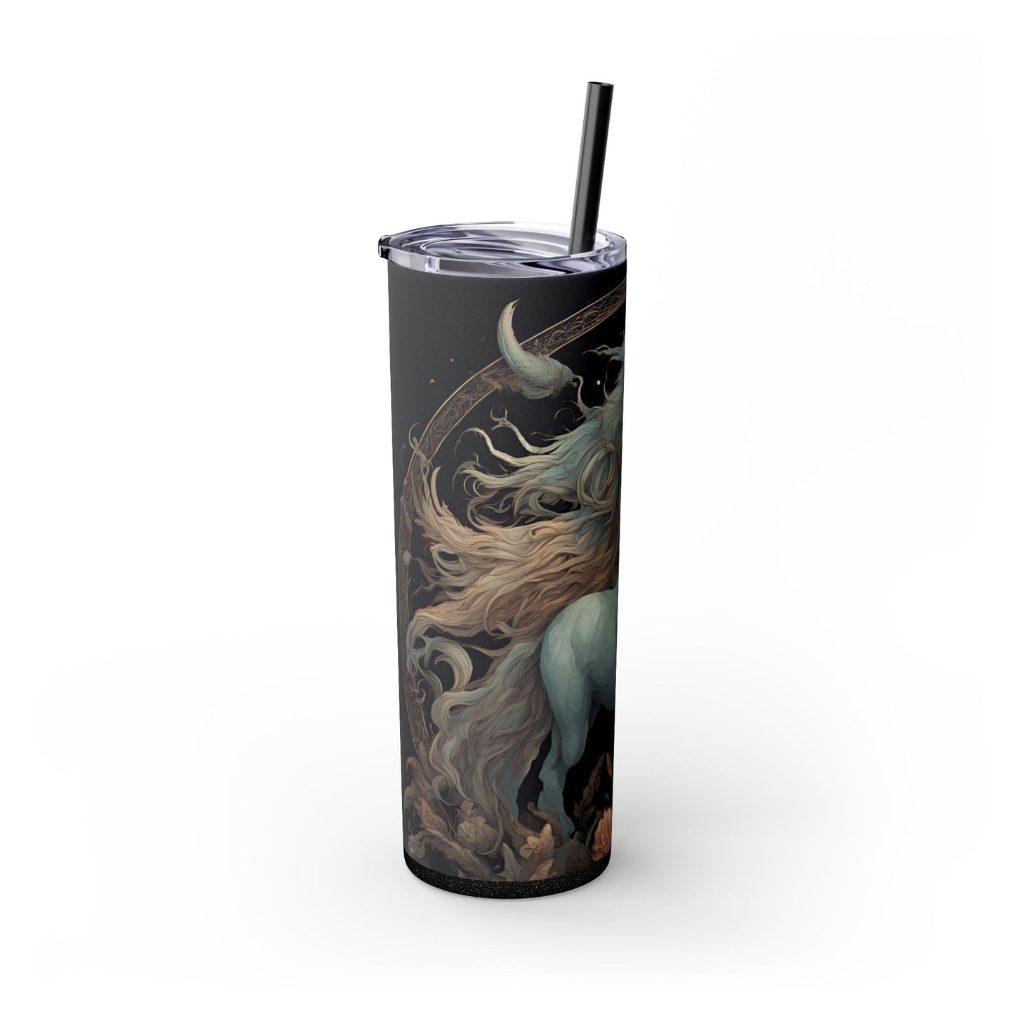 Majestic Myths Skinny Tumbler | Horned Goat Horse Drinking Cup | Floral Flower Night Sky Moon Fantasy Road Trip Exercise Traveler