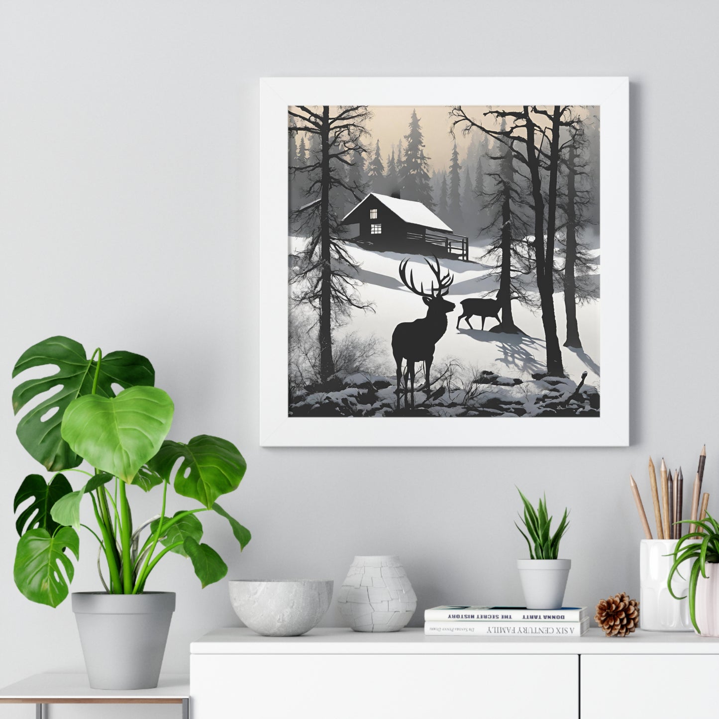Animal Wall Art, Deer Hunter Picture, Buck Print, Hunting Cabin, Shadow Wall Hanging, Winter Snow Image, Living Room Poster, Framed Art