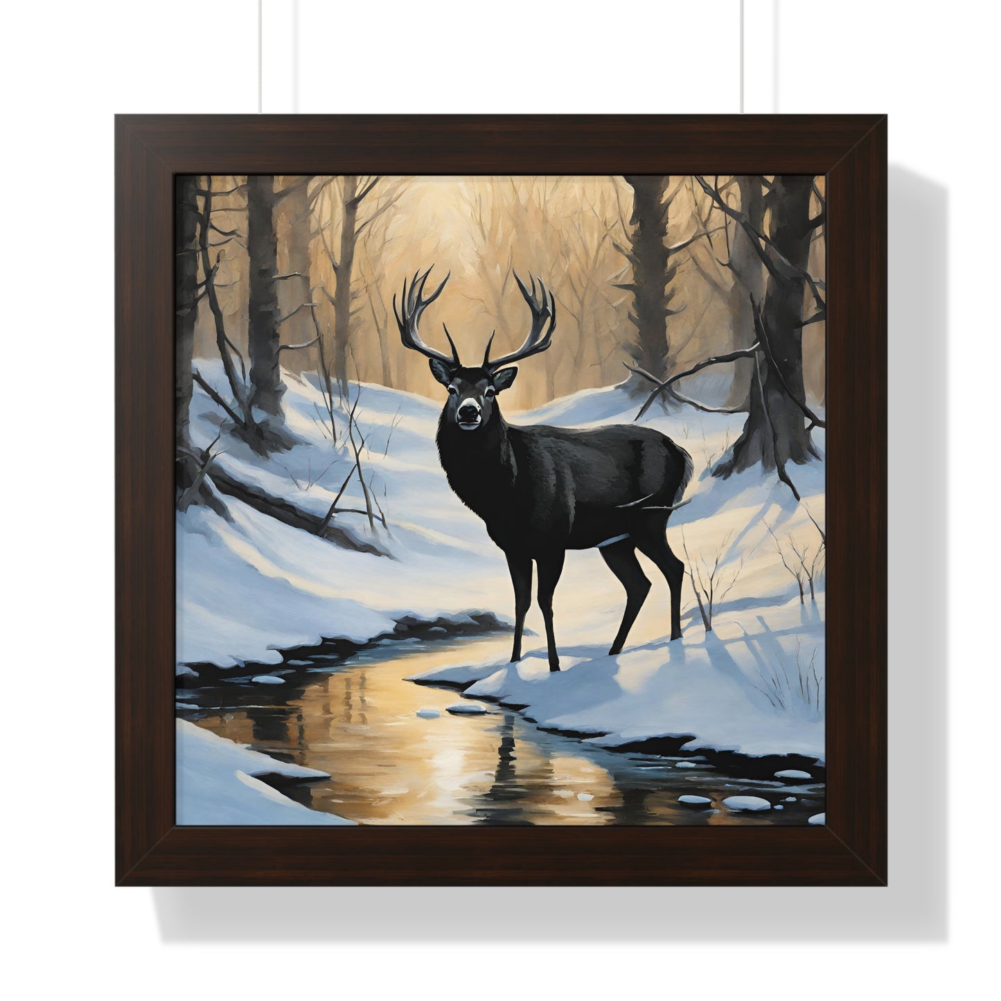 Animal Wall Art, Deer Hunter Picture, Big Buck Print, Woods, Creek, Shadow Wall Hanging, Sunset Snow Image, Living Room Poster, Framed Art