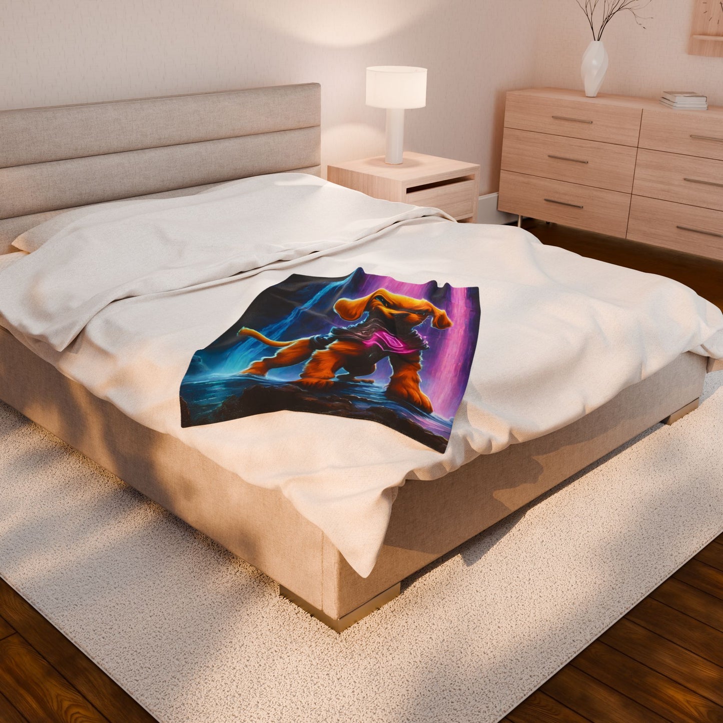 Warrior Puppy Blanket, Waterfall Dog Plush Throw Blanket, Cosmic Neon Armored Pup Bed Cover, Glowing Cave Bedroom Twin Cover