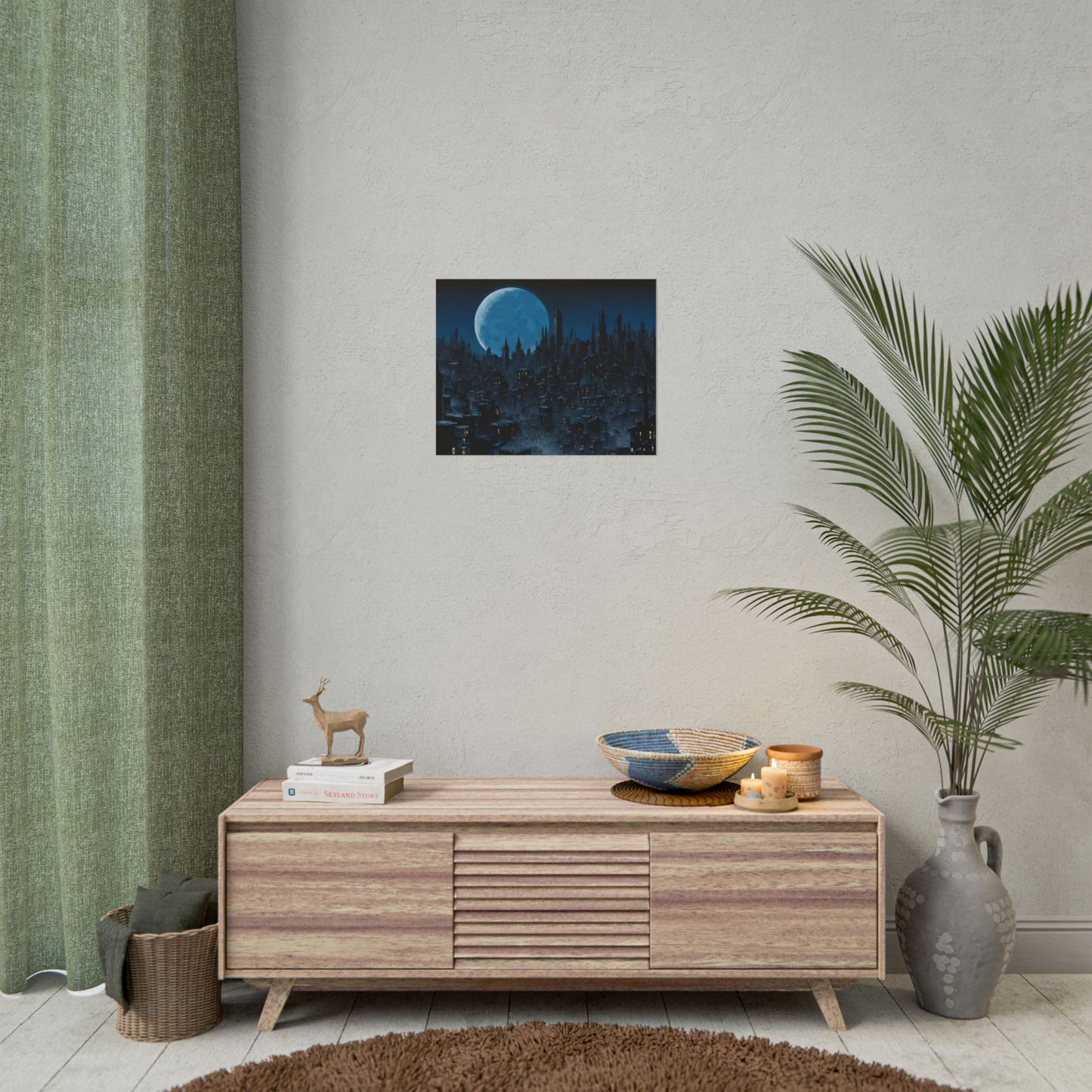 Wall Decor | Dark City Of The Night Poster | Blue Moon Darkness Falls Art | Gothic Lunar Moonlight Skyline | Living Room or Office Decor