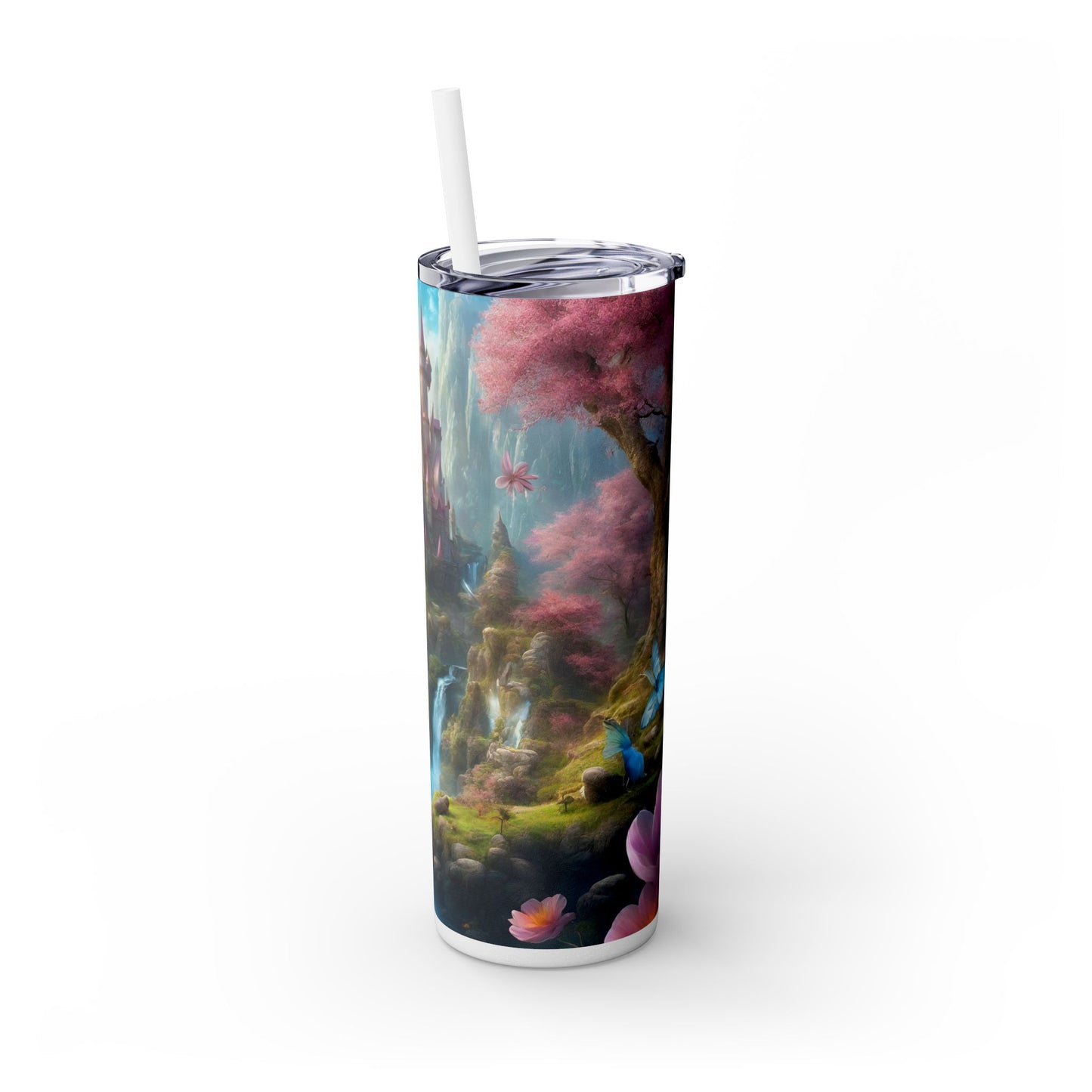 Majestic Dream Fantasy Drinking Tumbler, Flower Blossom Butterflies Castle Cup, Womens Gift Hot Cold Traveler, Exercise Workout Companion