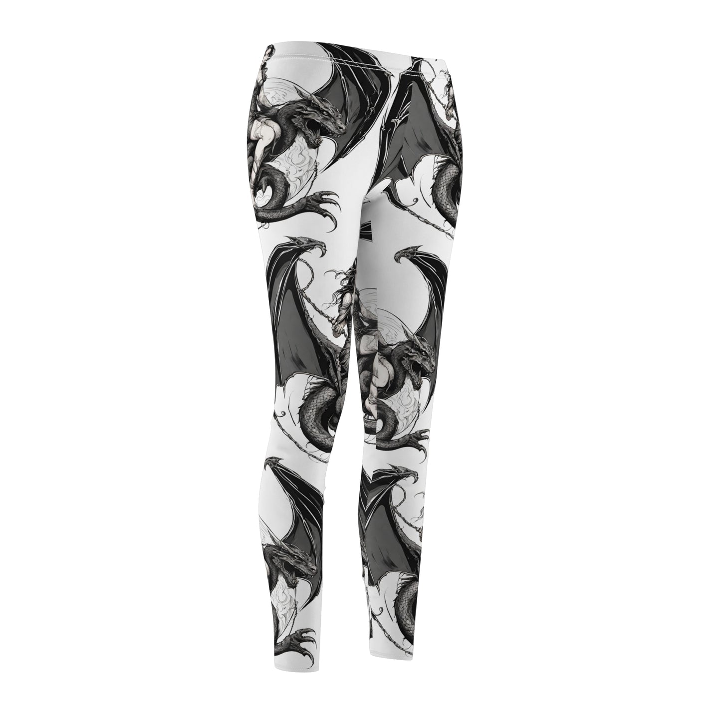 Women's Goth Medieval Dragon Casual Leggings, Reptile Riding Beauty Elastic Bottoms, Tight Black and White Pants