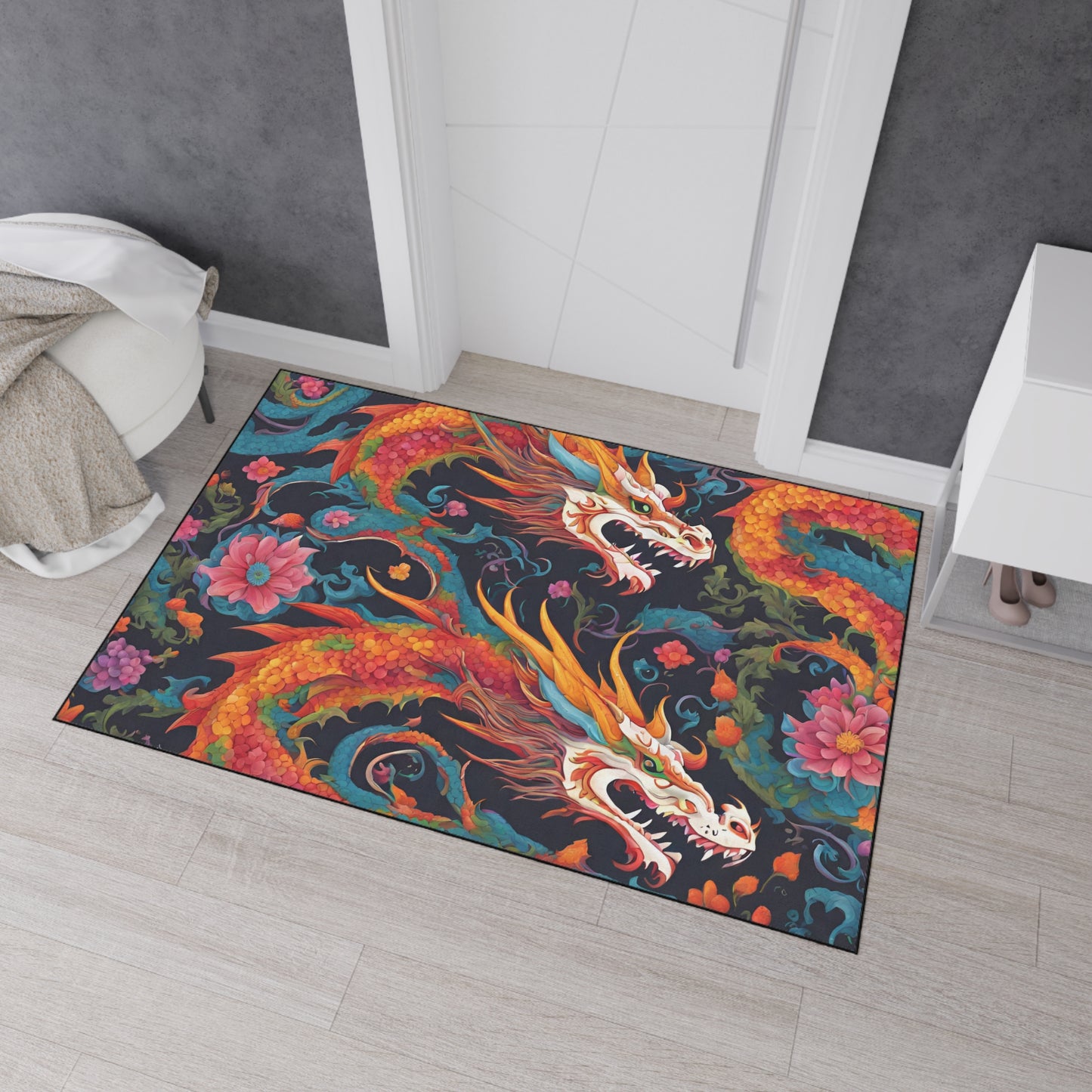 Japanese Dragons Floral Heavy Duty Floor Mat | Flower Pattern Twin Serpent Bathroom Decor | Entryway Flowered Chinese Dragon Lover Gift