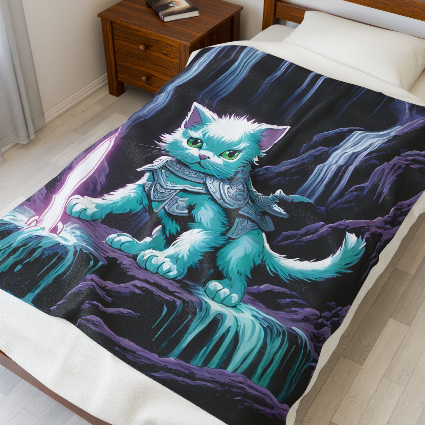 Warrior Cat Blanket, Waterfall Cat Plush Throw Blanket, Neon Sword Seeker, Armored Kitty Bed Cover, Glowing Cave Bedroom Twin Cover