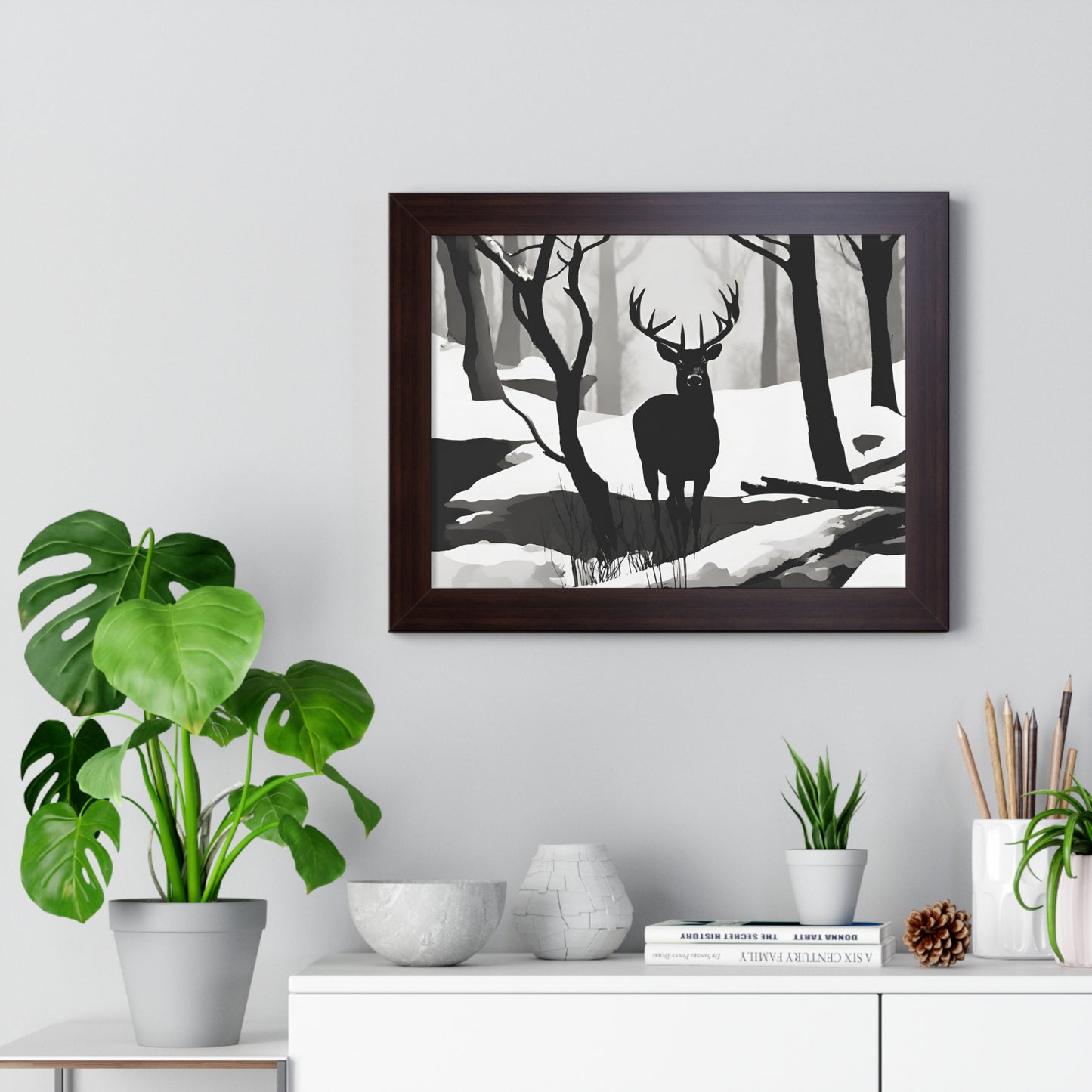 Animal Wall Art, Deer Hunter Picture, Big Buck Print, Hunting, Snowy, Creek, Shadow Wall Hanging, Winter Snow Image, Living Room Poster