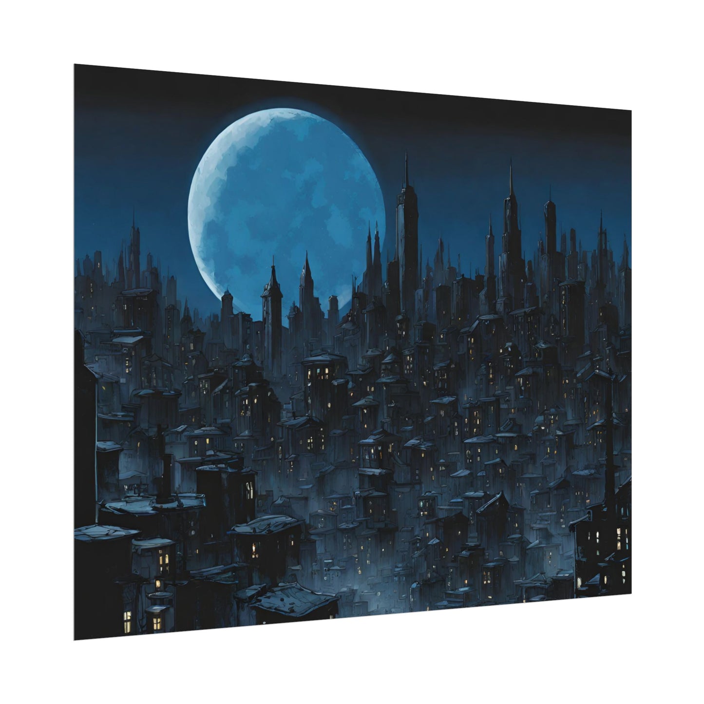 Wall Decor | Dark City Of The Night Poster | Blue Moon Darkness Falls Art | Gothic Lunar Moonlight Skyline | Living Room or Office Decor
