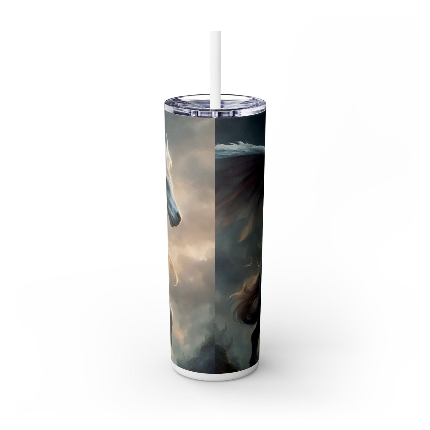 Majestic Myths Skinny Tumbler | Pegasus Horned Winged Horse Drinking Cup | Sky Cloud Fantasy Road Trip Exercise Traveler | Auto Gift