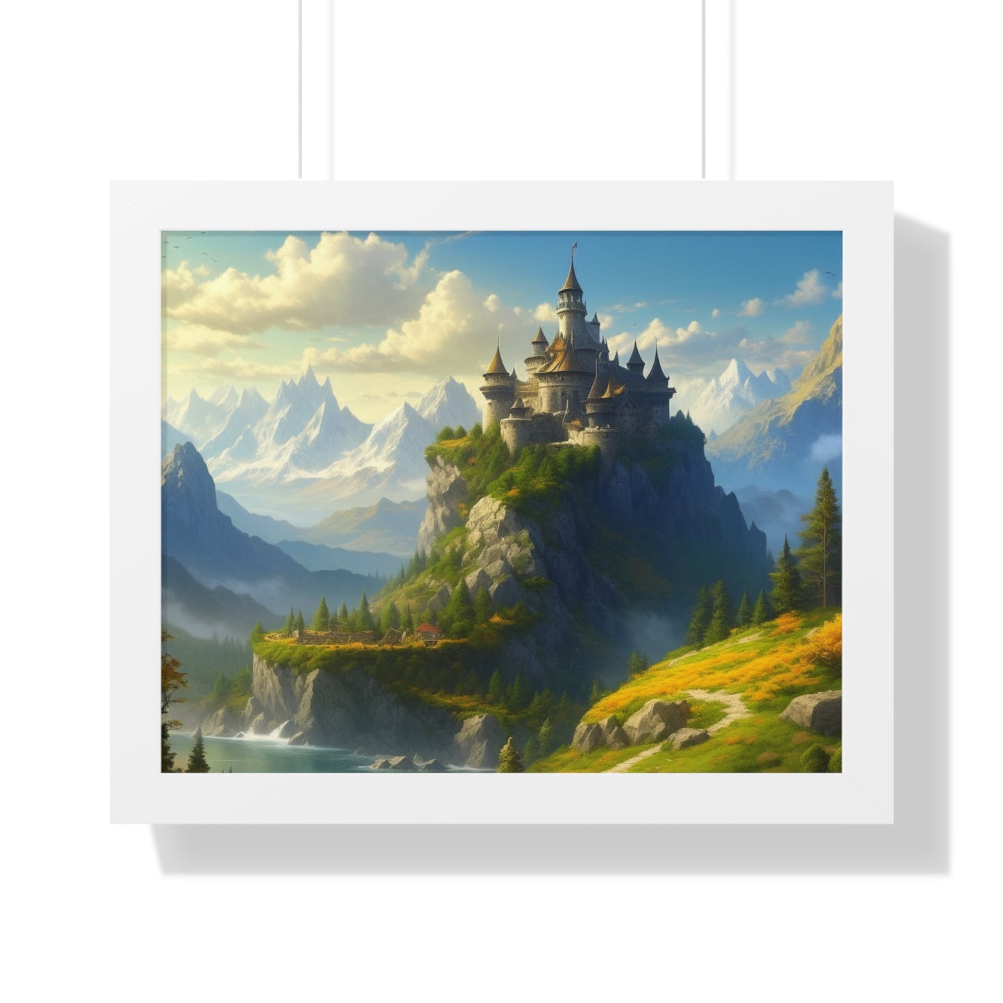 Video Game Fantasy Castle, RPG Valley Framed Poster, Mountain Nature Scene Picture, Open World Style Wall Hanging, Gamer Office Scenery