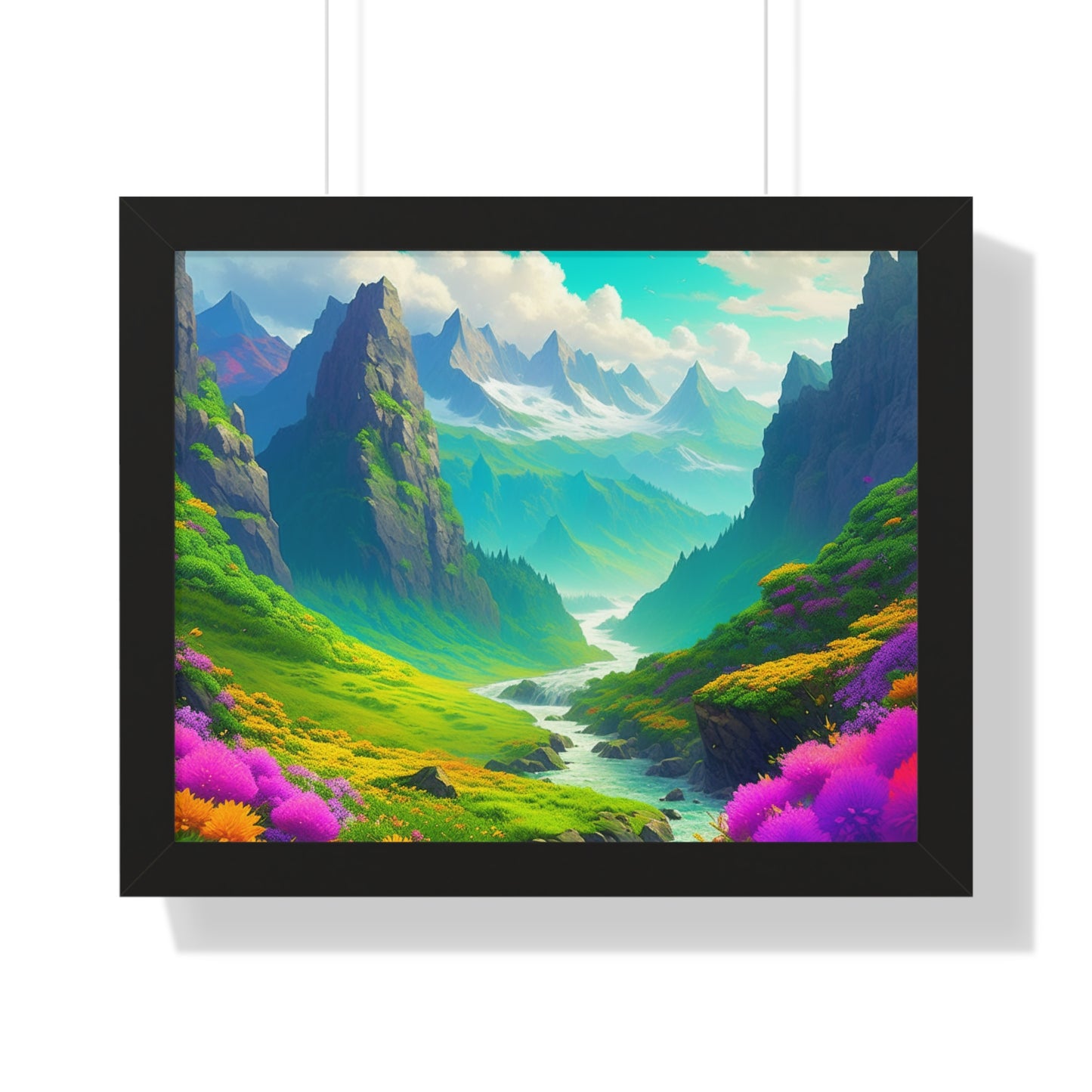 Fantasy Art Flower Mountain Valley, Landscape Framed Poster, Video Game Open World Scene Picture, River Spring Wall Hanging, Office Scenery