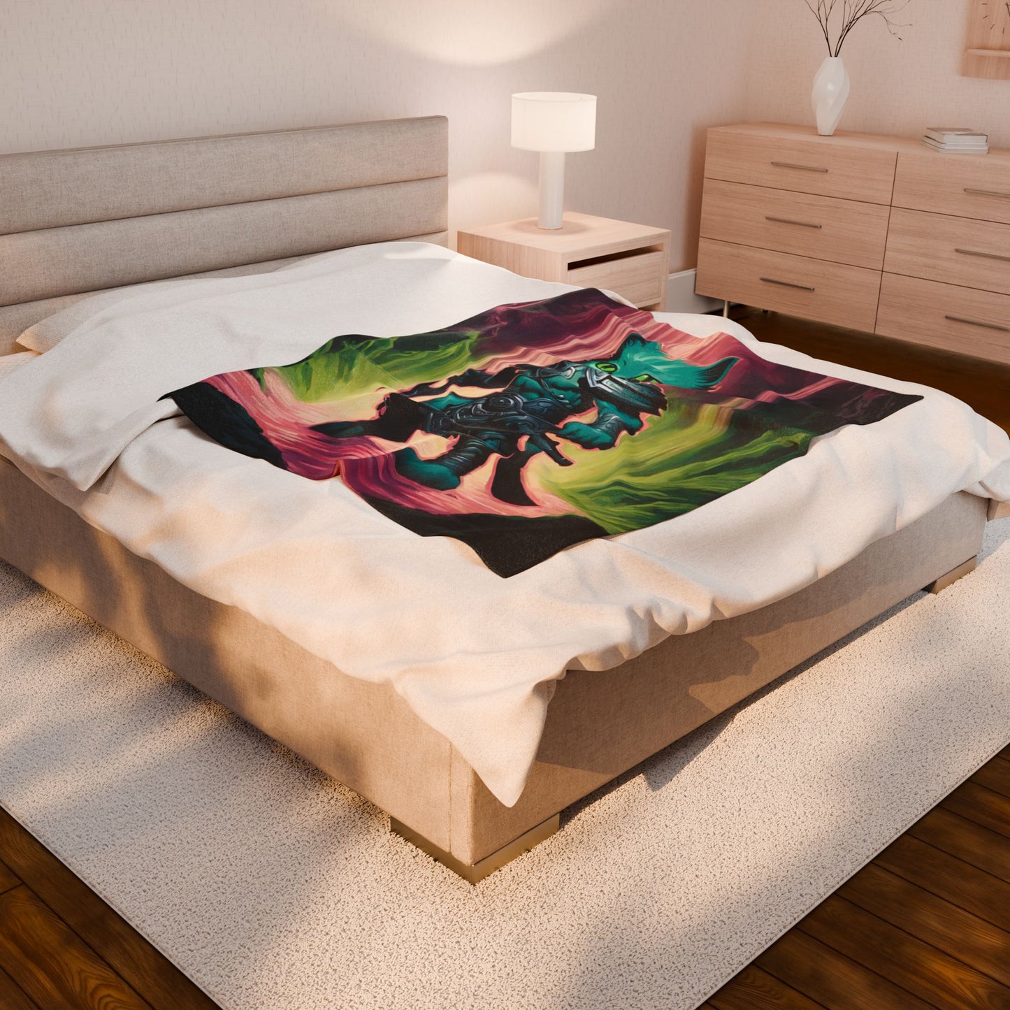 Warrior Blue Shank Cat Blanket, Waterfall Cave Kitten Warm Couch Throw, Glowing Neon Green Bed Cover, Armored Kitten Bedroom Plush Sheet