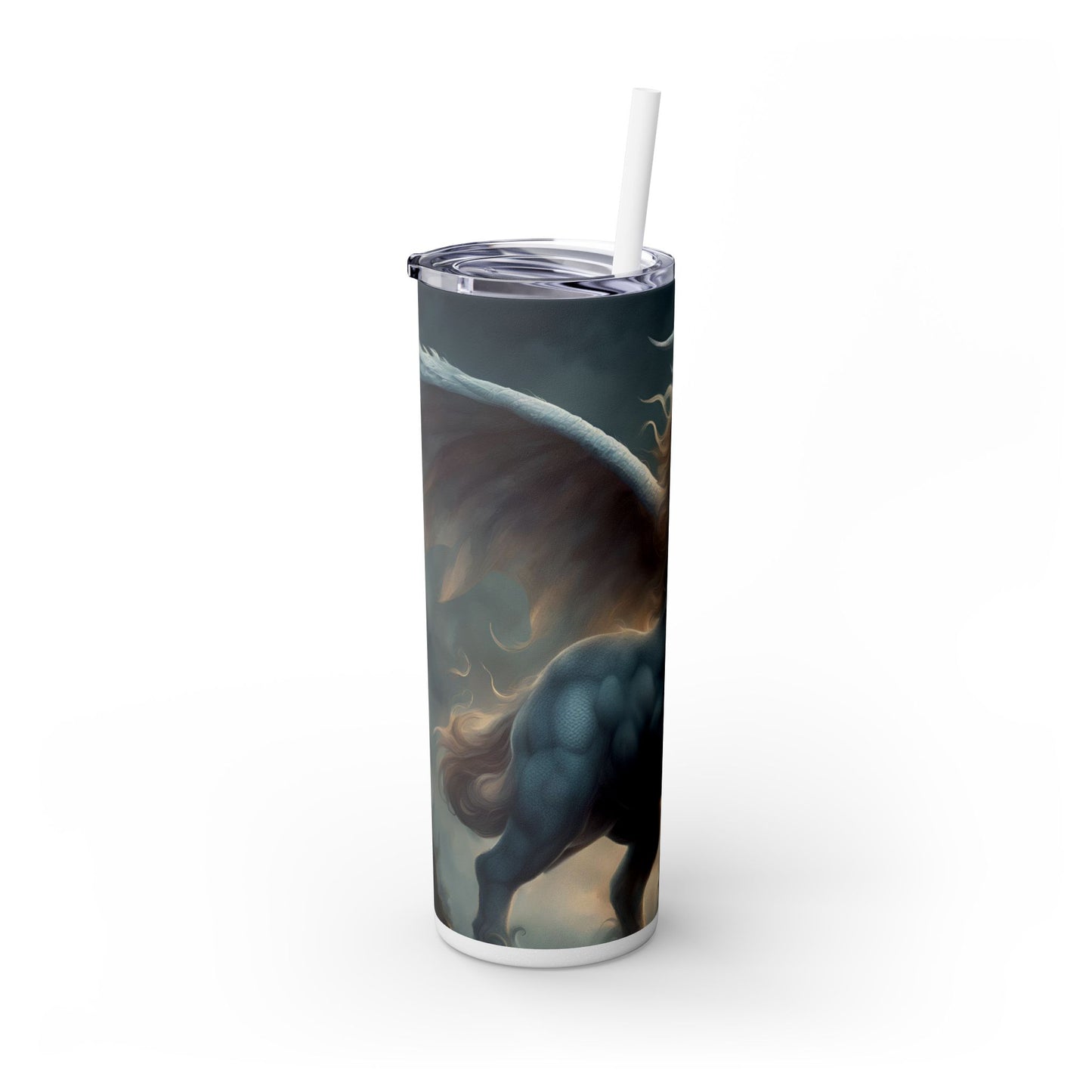Majestic Myths Skinny Tumbler | Pegasus Horned Winged Horse Drinking Cup | Sky Cloud Fantasy Road Trip Exercise Traveler | Auto Gift