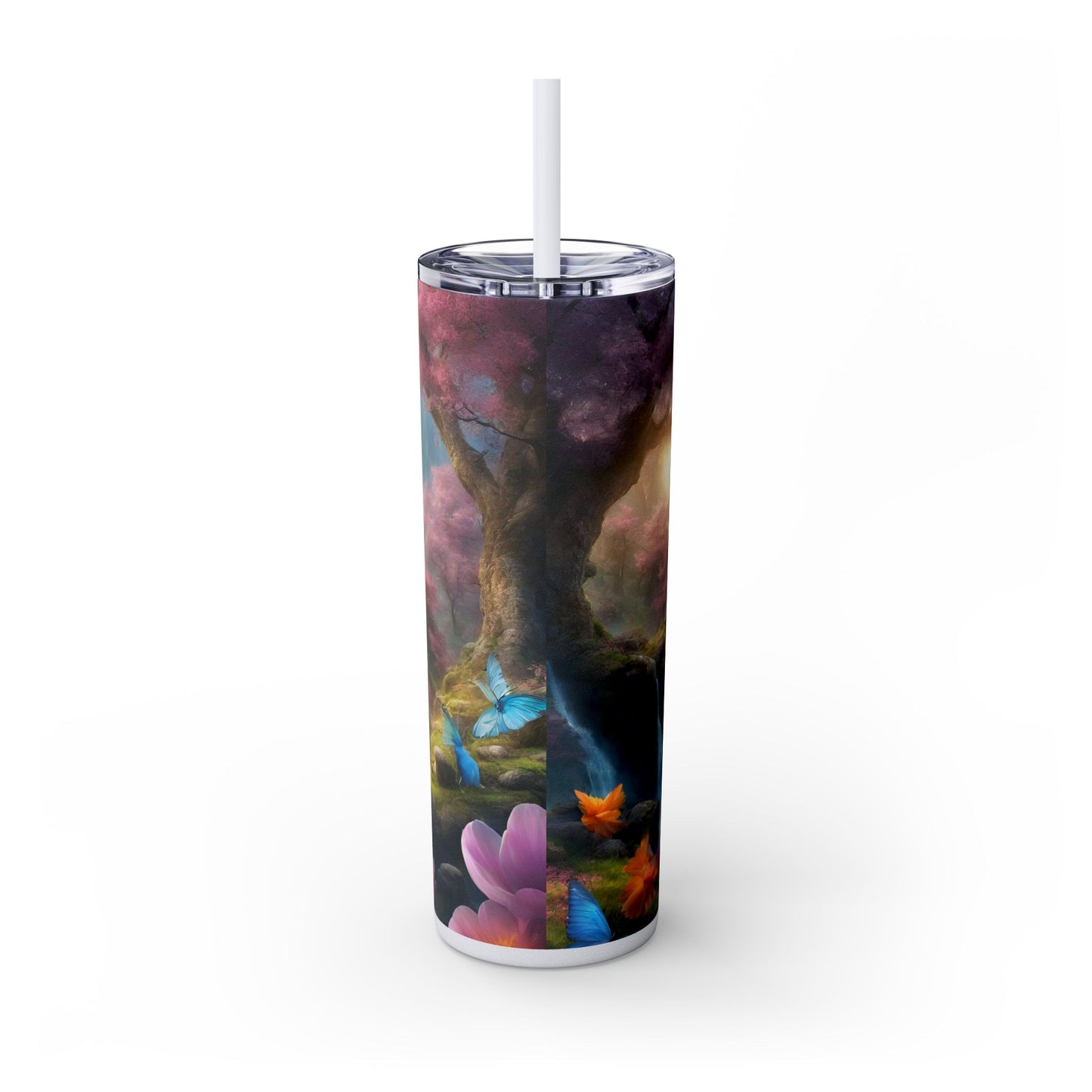Majestic Dream Fantasy Drinking Tumbler, Flower Blossom Butterflies Castle Cup, Womens Gift Hot Cold Traveler, Exercise Workout Companion