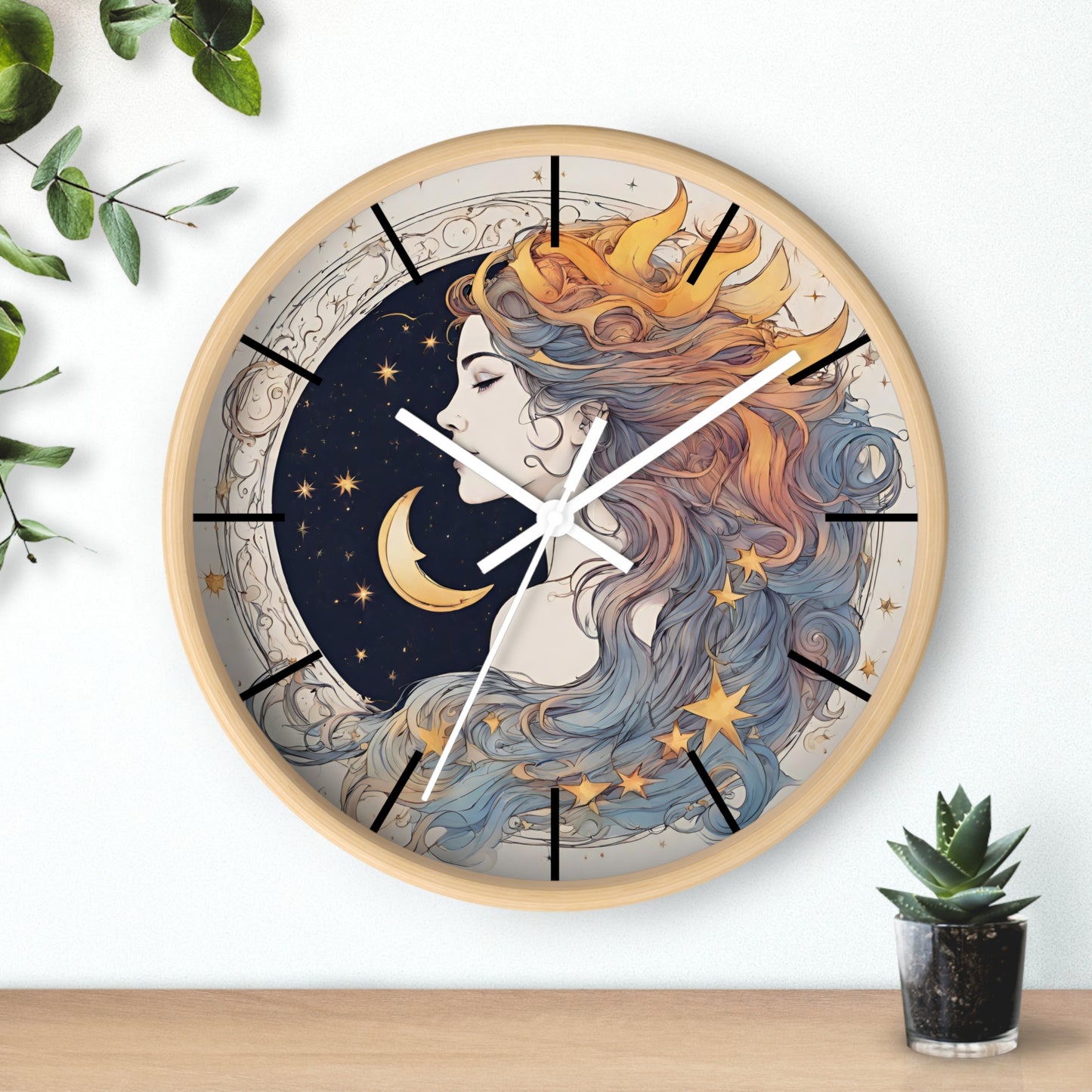 Moon Goddess Lined Wall Art Clock | Lunar Stars & Space Astronomy Wall Hanging | Woman of Time Home Office Solar System Wall Decor Gift