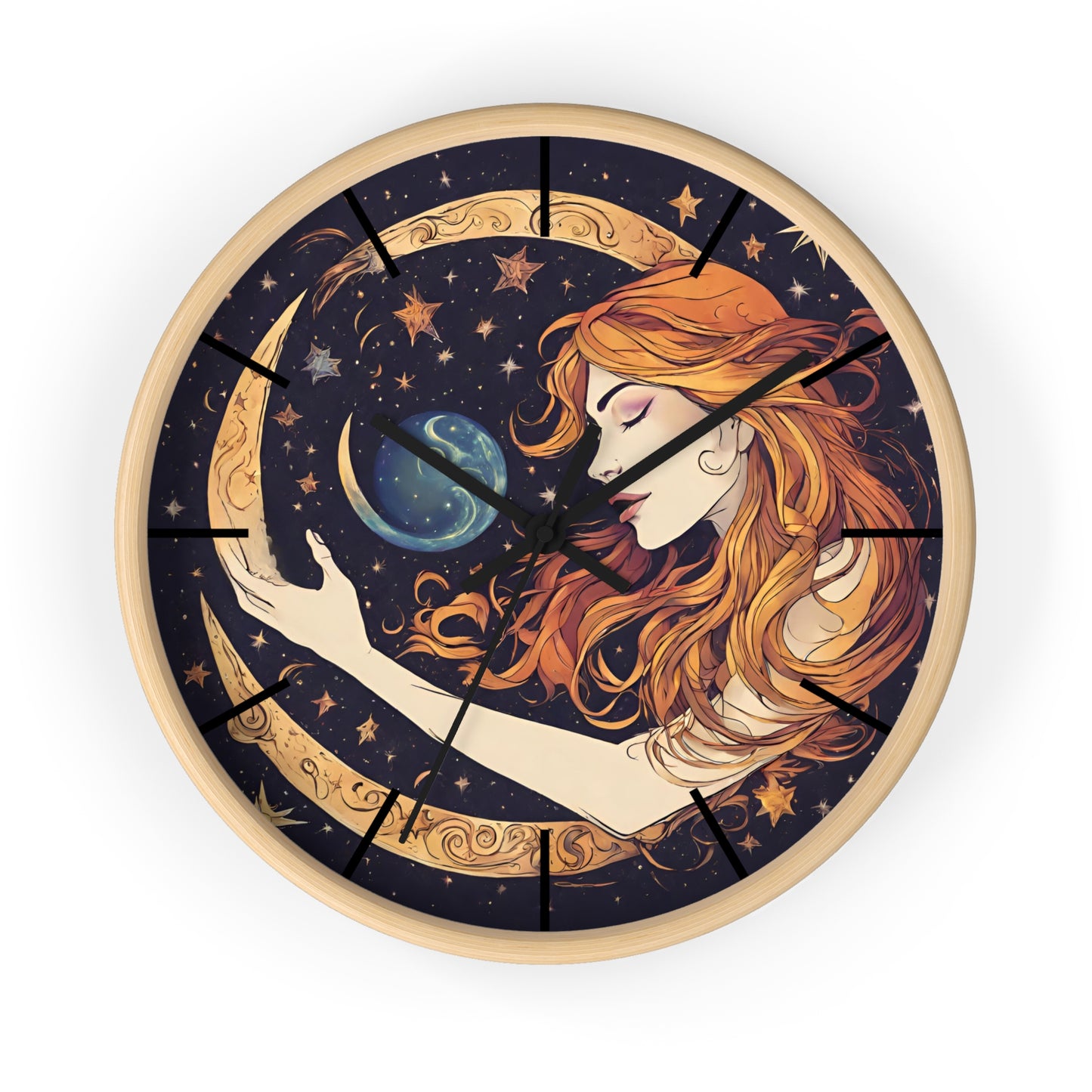 Moon Shaping Goddess Wall Art Clock | Lunar Stars & Space Astronomy Wall Hanging | Woman Morphing Home Office Solar System Wall Decor Gift