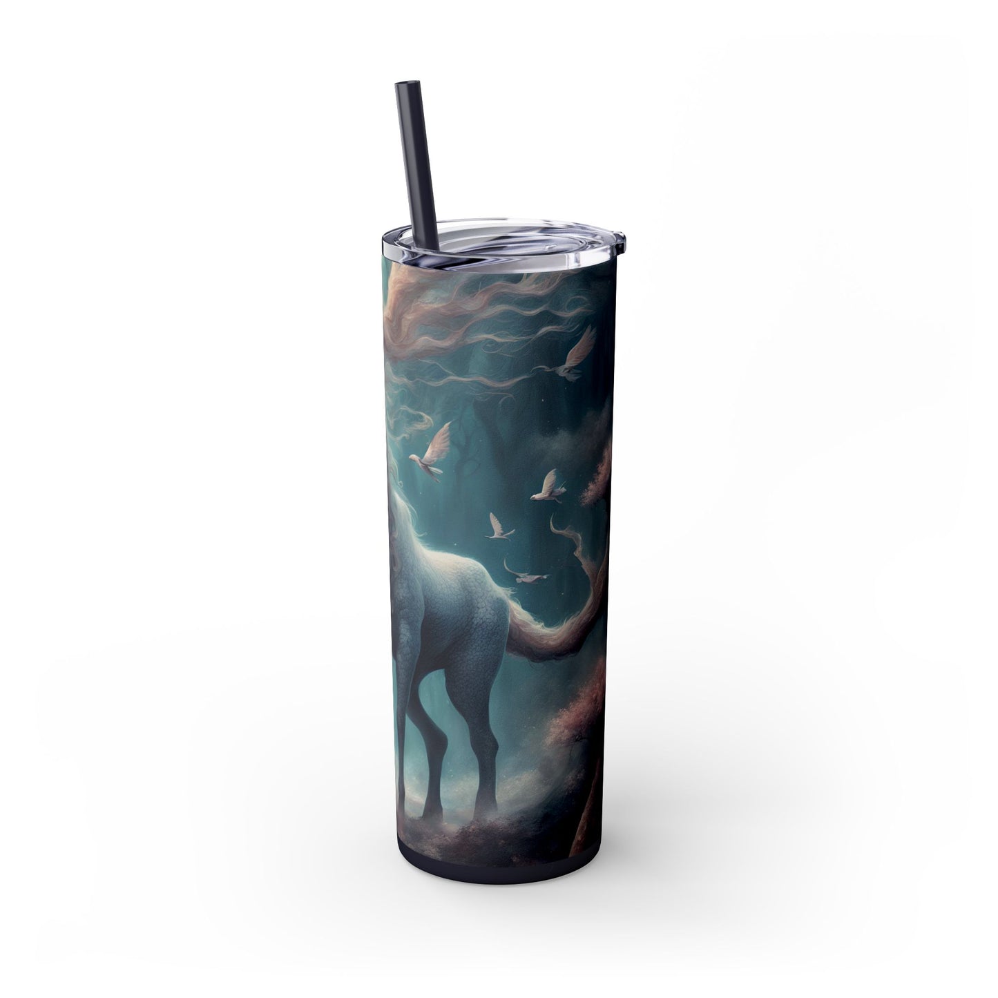Majestic Myths Skinny Tumbler | Floral Flower Forest Horned Horse Insulated Cup | Mystical Maned Goat Fantasy Drink Travel Exercise Gift