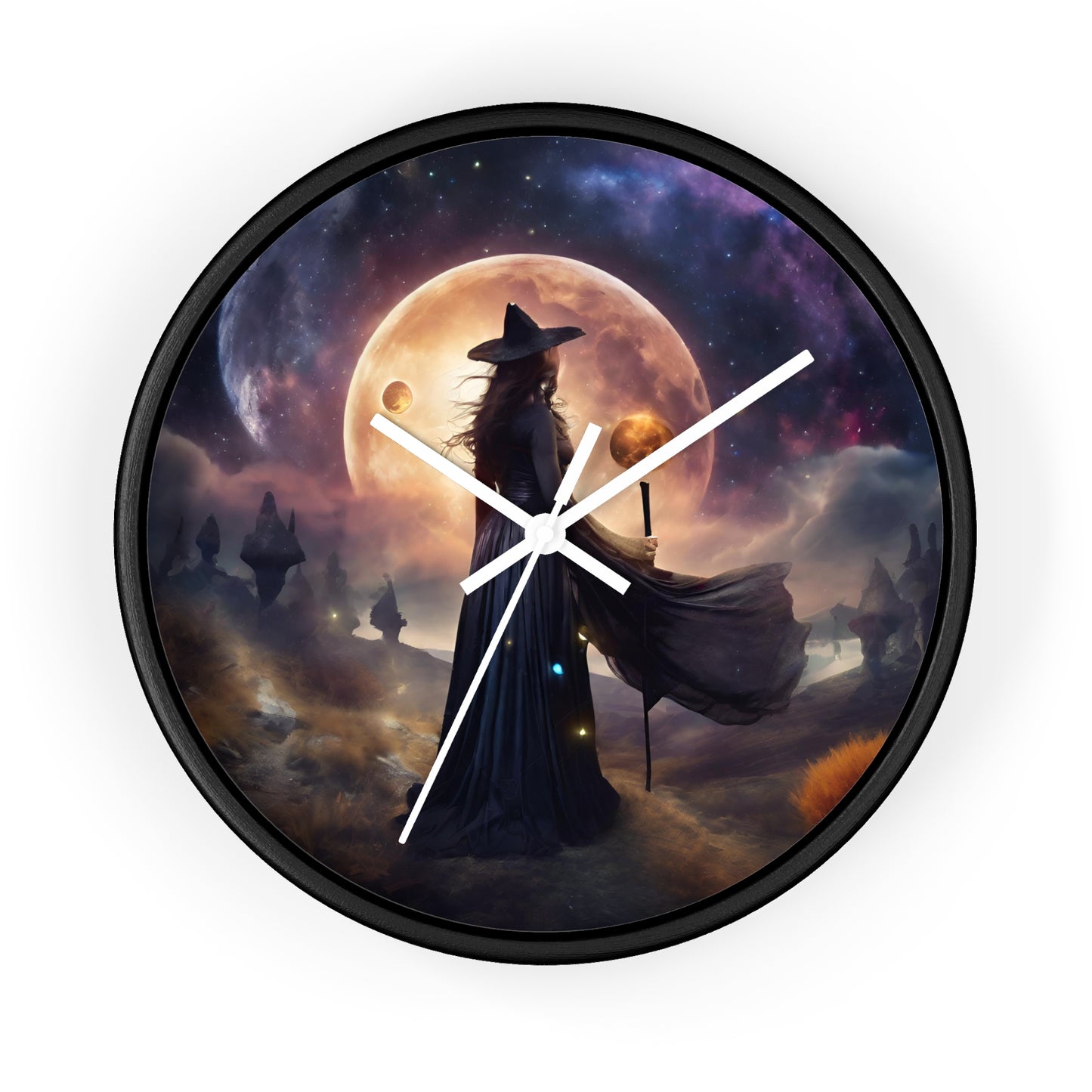 Wiccan Moon Wall Art Clock | Mystical Fantasy Galaxy Witch Pagan Astronomy Wall Hanging | Home Office Lunar Witchcraft Wall Decor Gift