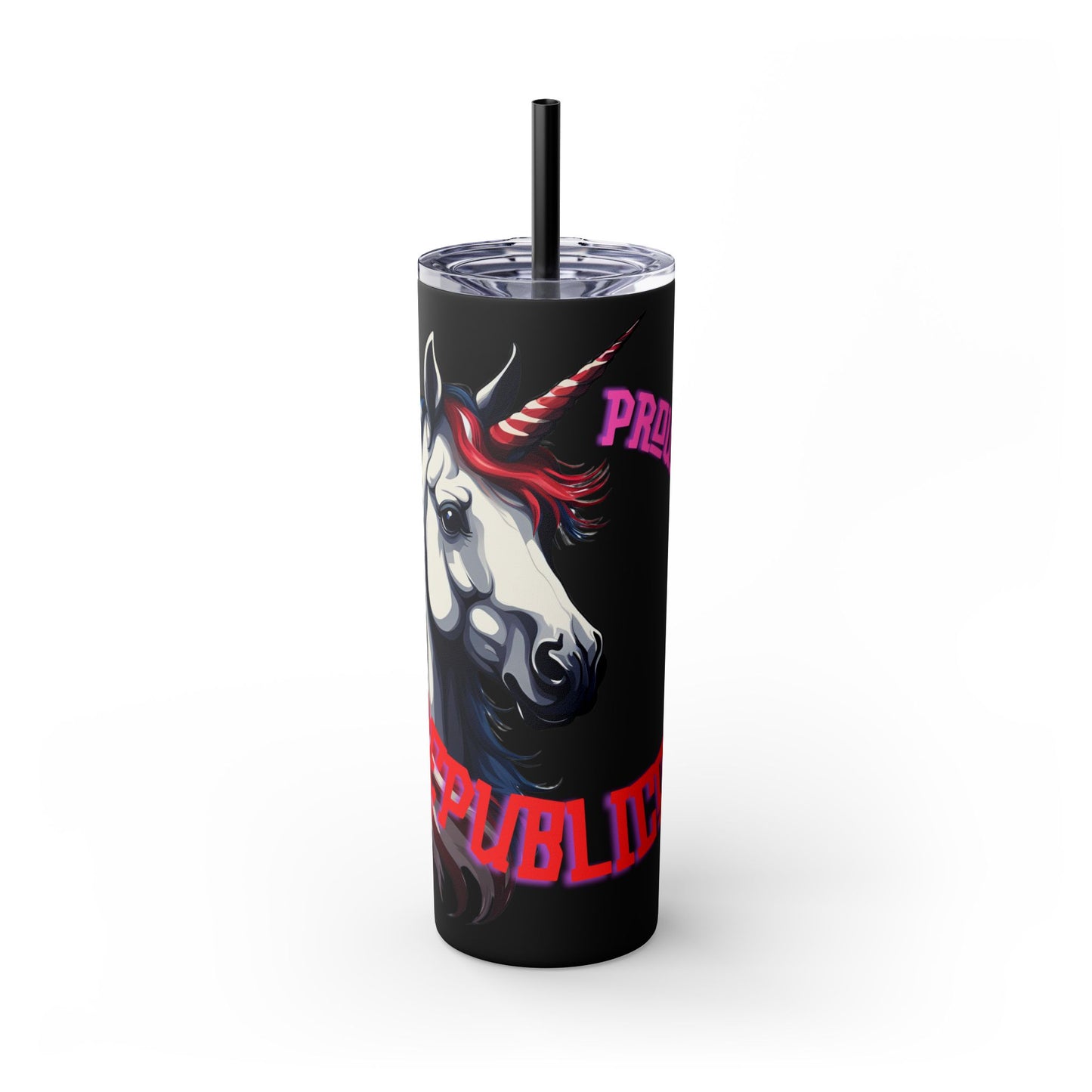 PROUD American Unicorn Skinny Tumbler | United States Freedom Loving Horse Insulated Cup | US Flag Veteran Gift Patriot Drink Traveler