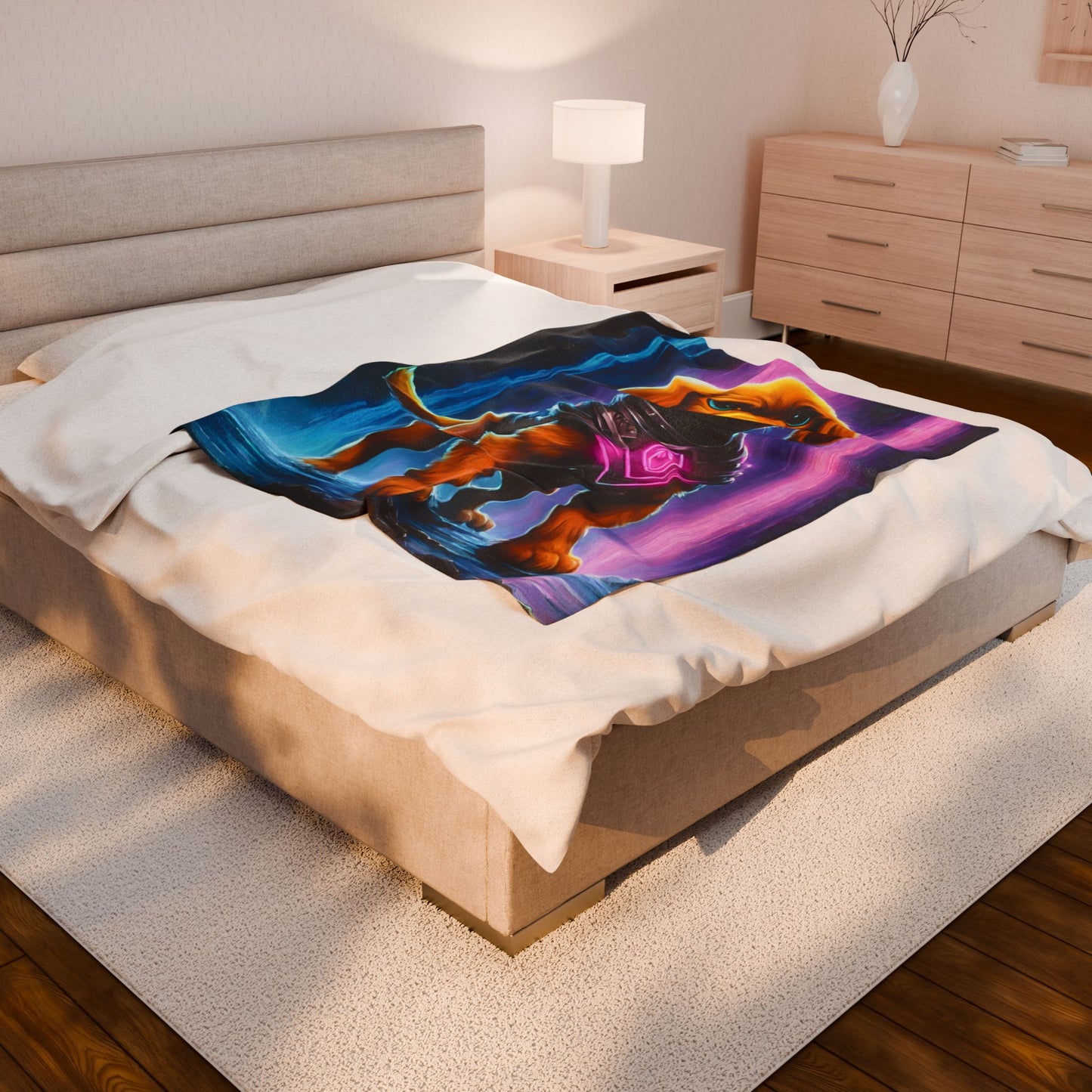 Warrior Puppy Blanket, Waterfall Dog Plush Throw Blanket, Cosmic Neon Armored Pup Bed Cover, Glowing Cave Bedroom Twin Cover
