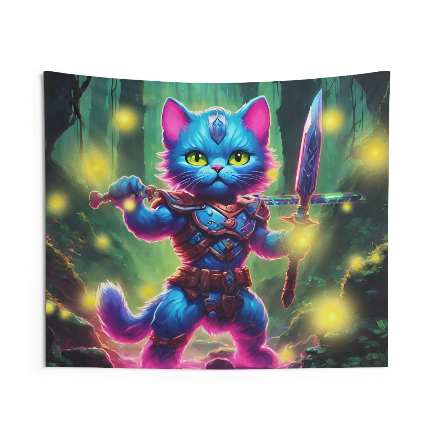 Warrior Cat Firefly Art Tapestry, Blue Armored Kitten Glowing Forest Wall Hanging, Pink Glowing Stone Creek Mystical Bed & Game Room Gift
