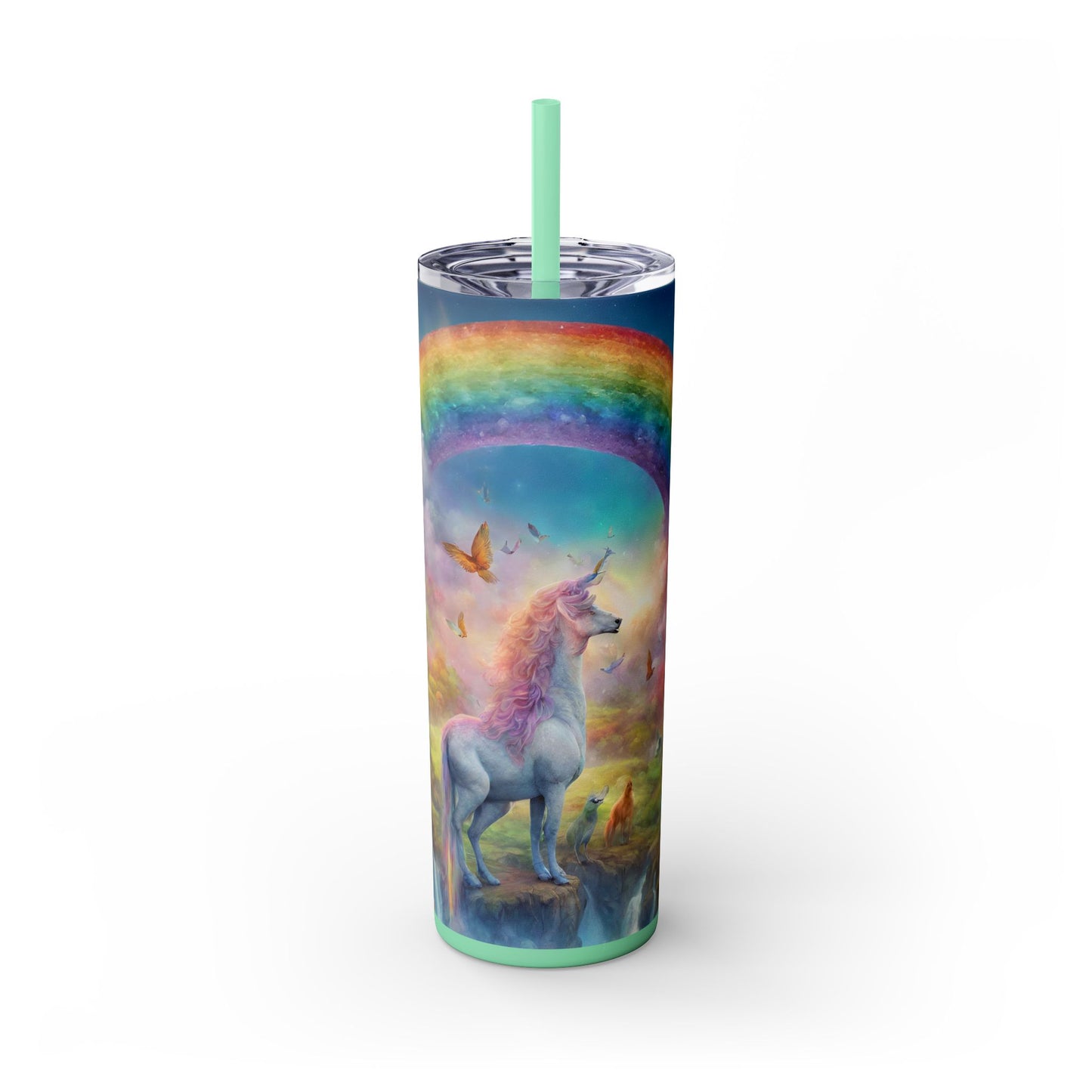 Girls Rainbow Unicorn Tumbler, Skinny Drinking Hot Cold Traveler, Mystical Fantasy Liquid Cup