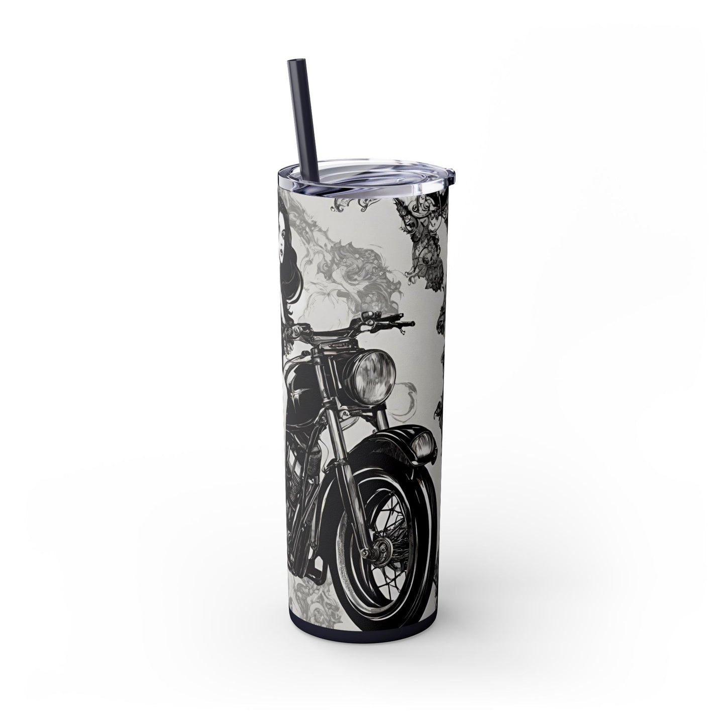Gothic Beauty Biker Skinny Tumbler, Biker Babe Motorcycle Traveler, Leather Clad Hot or Cold Drinking Cup, Exercise Workout Beverage Holder