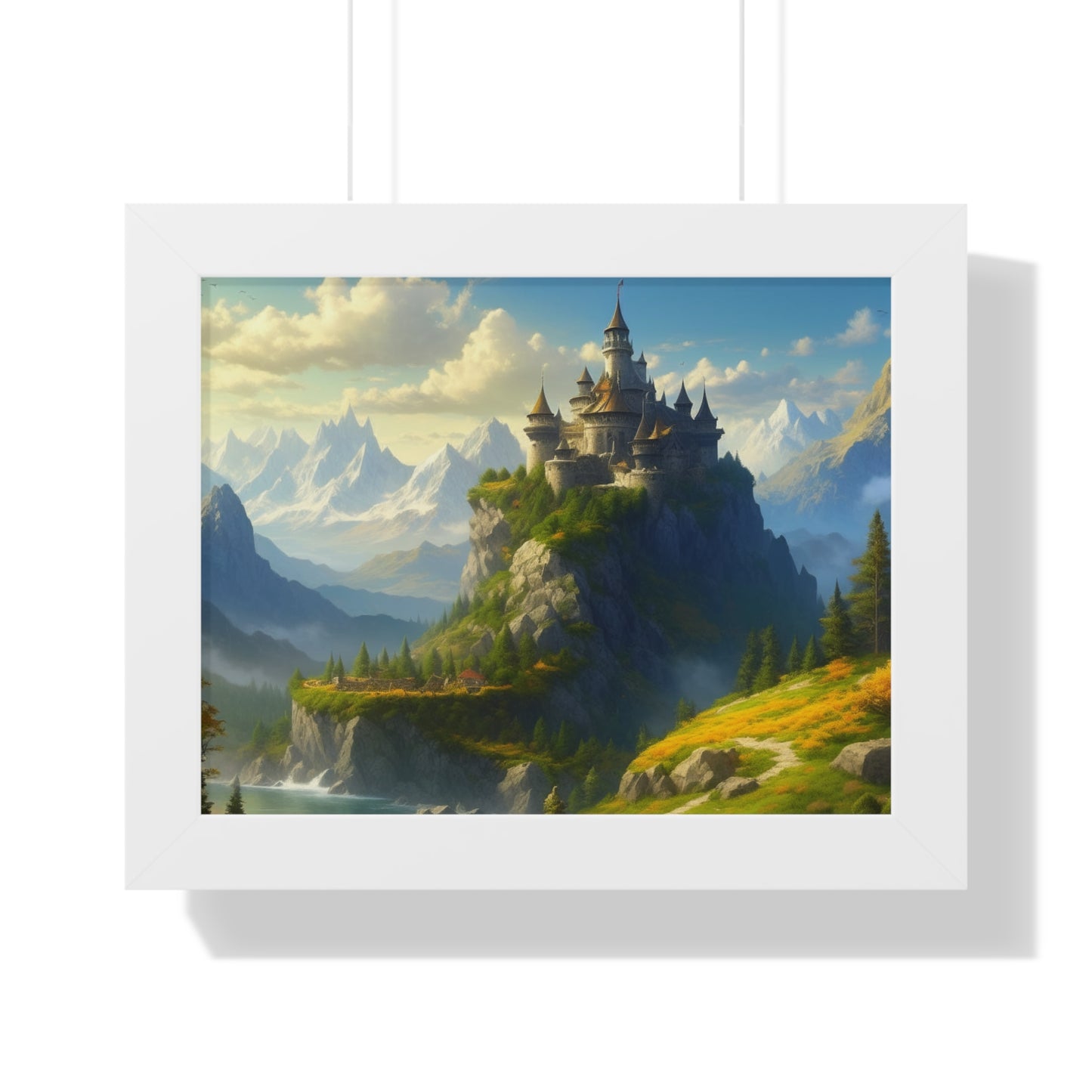 Video Game Fantasy Castle, RPG Valley Framed Poster, Mountain Nature Scene Picture, Open World Style Wall Hanging, Gamer Office Scenery