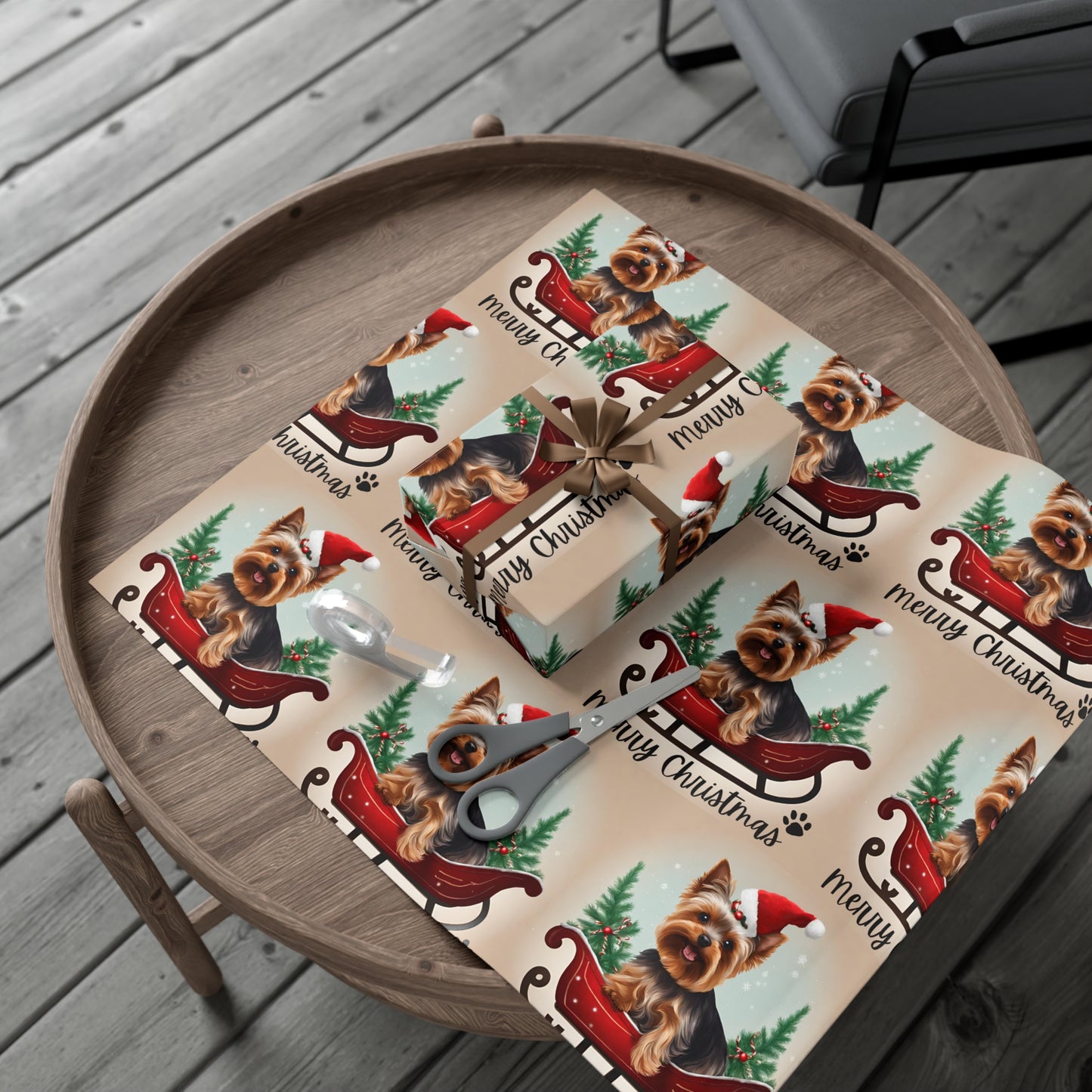 Dog Christmas Wrapping Paper, Yorkshire Terrier Sled Xmas Wrap, Santa Hat Yorkie Gift Wrap, Holiday Gift Wrap Roll