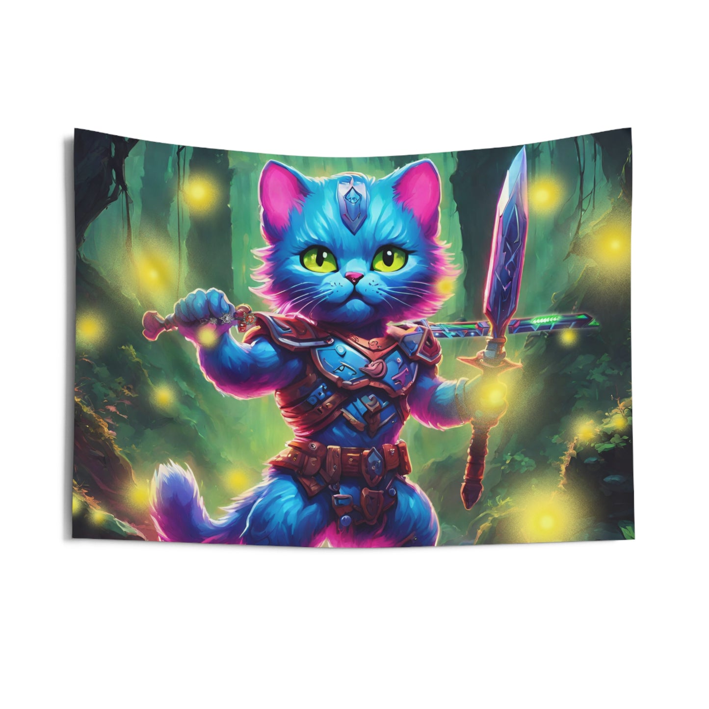 Warrior Cat Firefly Art Tapestry, Blue Armored Kitten Glowing Forest Wall Hanging, Pink Glowing Stone Creek Mystical Bed & Game Room Gift