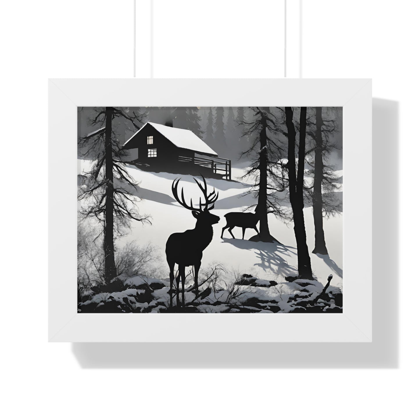 Animal Wall Art, Deer Hunter Picture, Buck Print, Hunting Cabin, Shadow Wall Hanging, Winter Snow Image, Living Room Poster, Framed Art
