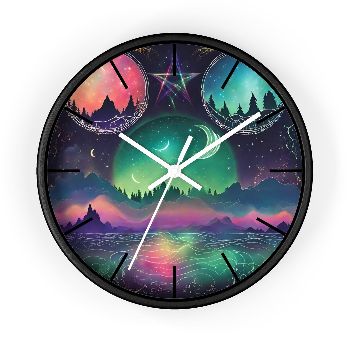 Moonlight Mountains Wall Clock | Aurora Borealis Astronomy Star Moons Constellations Office Decor Gift, Solar System Home Hanging Unique Art
