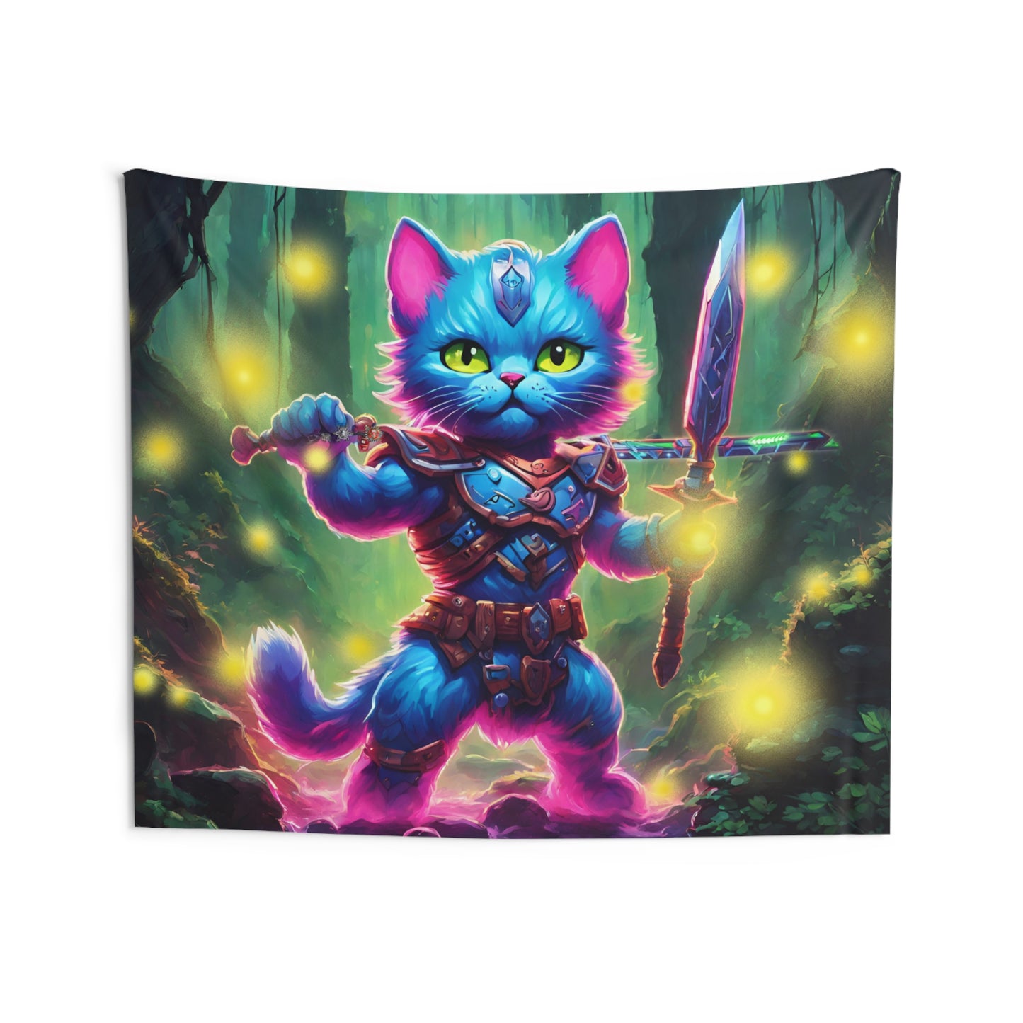 Warrior Cat Firefly Art Tapestry, Blue Armored Kitten Glowing Forest Wall Hanging, Pink Glowing Stone Creek Mystical Bed & Game Room Gift